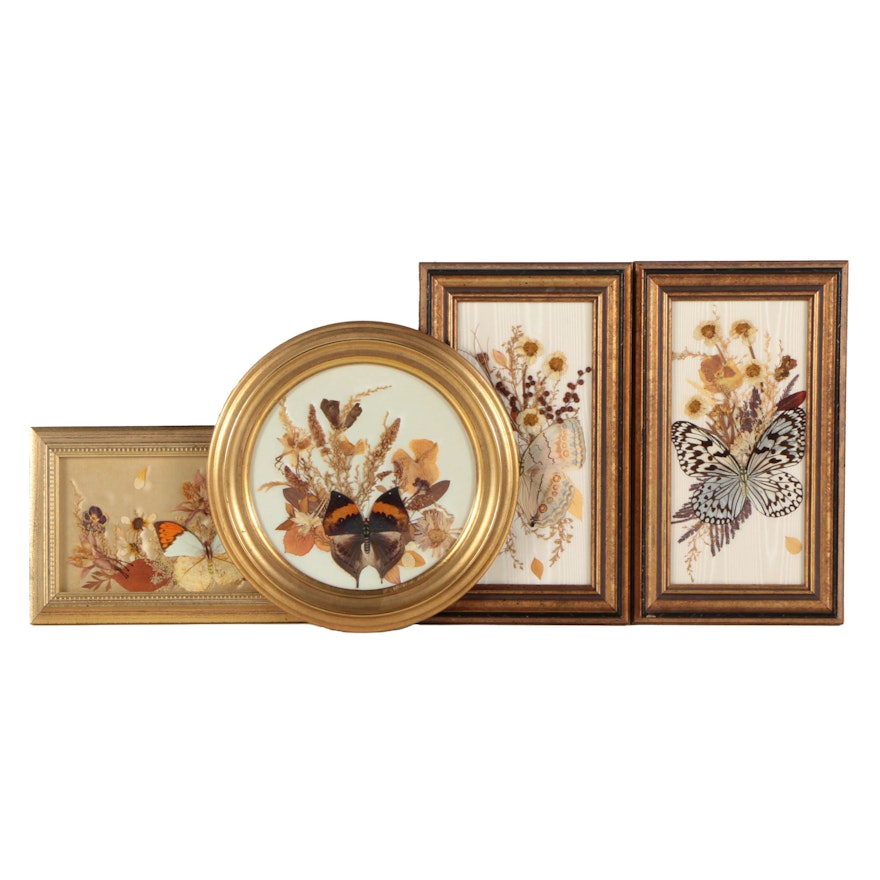 Assortment of Pressed Butterflies and Flowers on Fabric