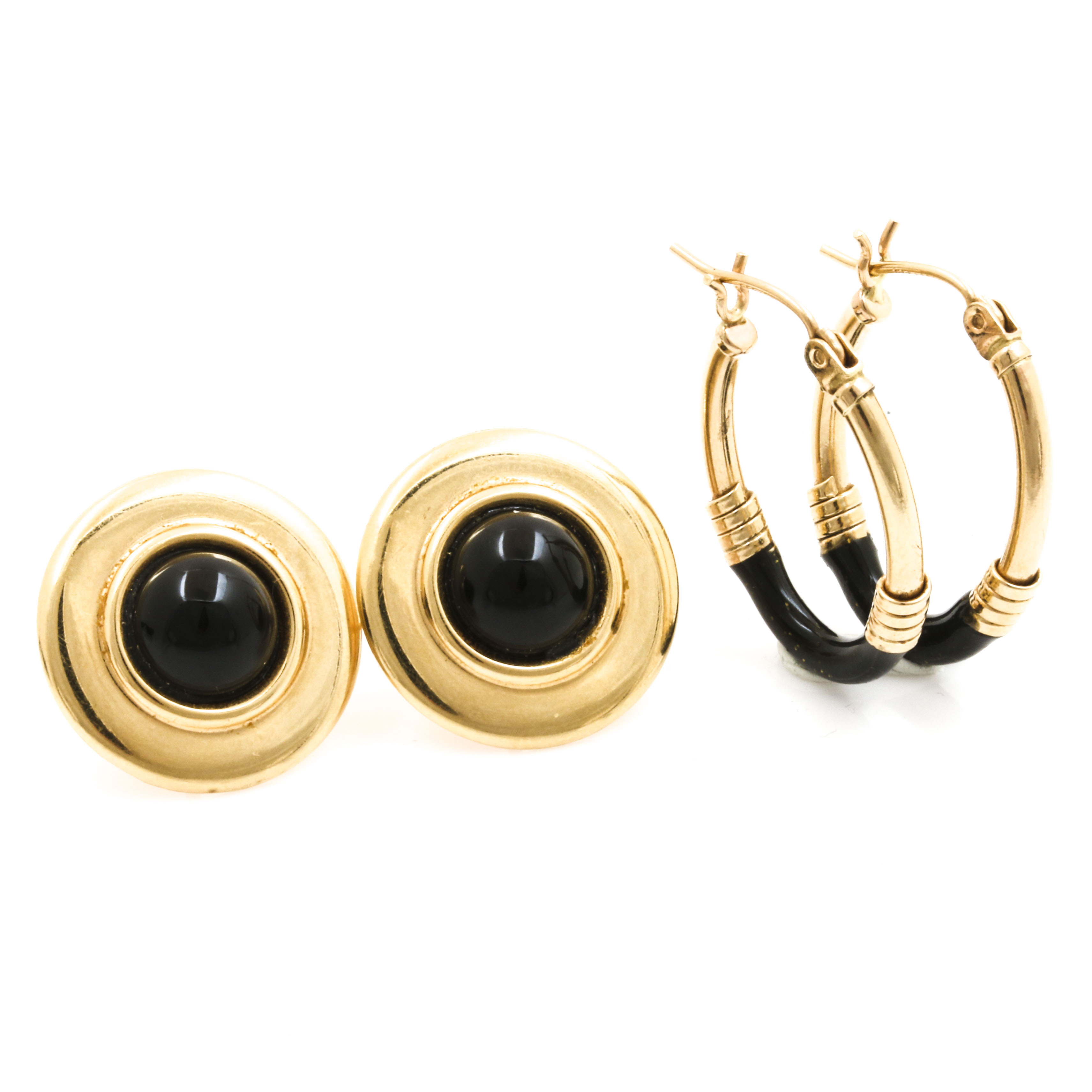 14K Yellow Gold Black Enamel Hoop and Black Onyx Disk Earrings