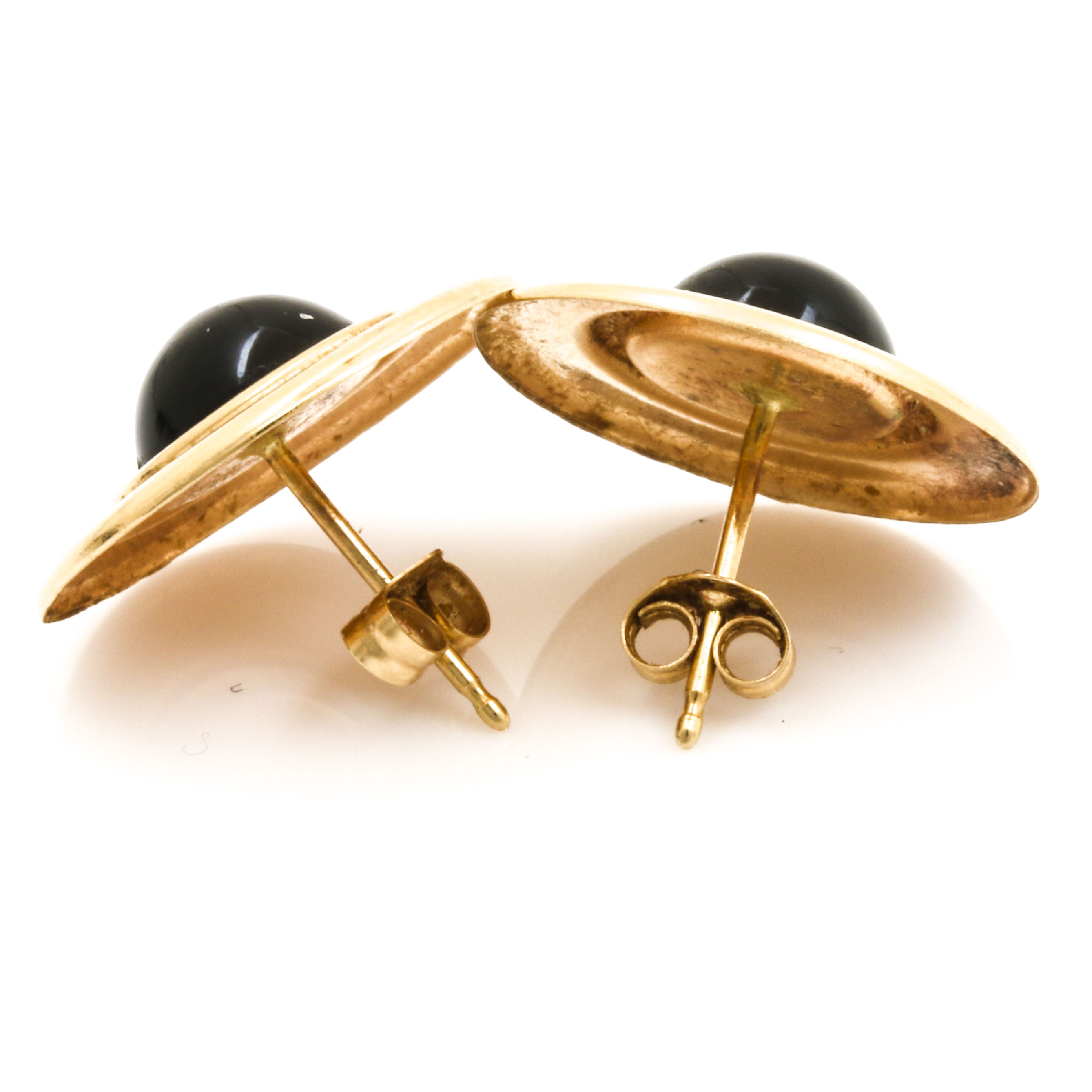 14K Yellow Gold Black Enamel Hoop and Black Onyx Disk Earrings