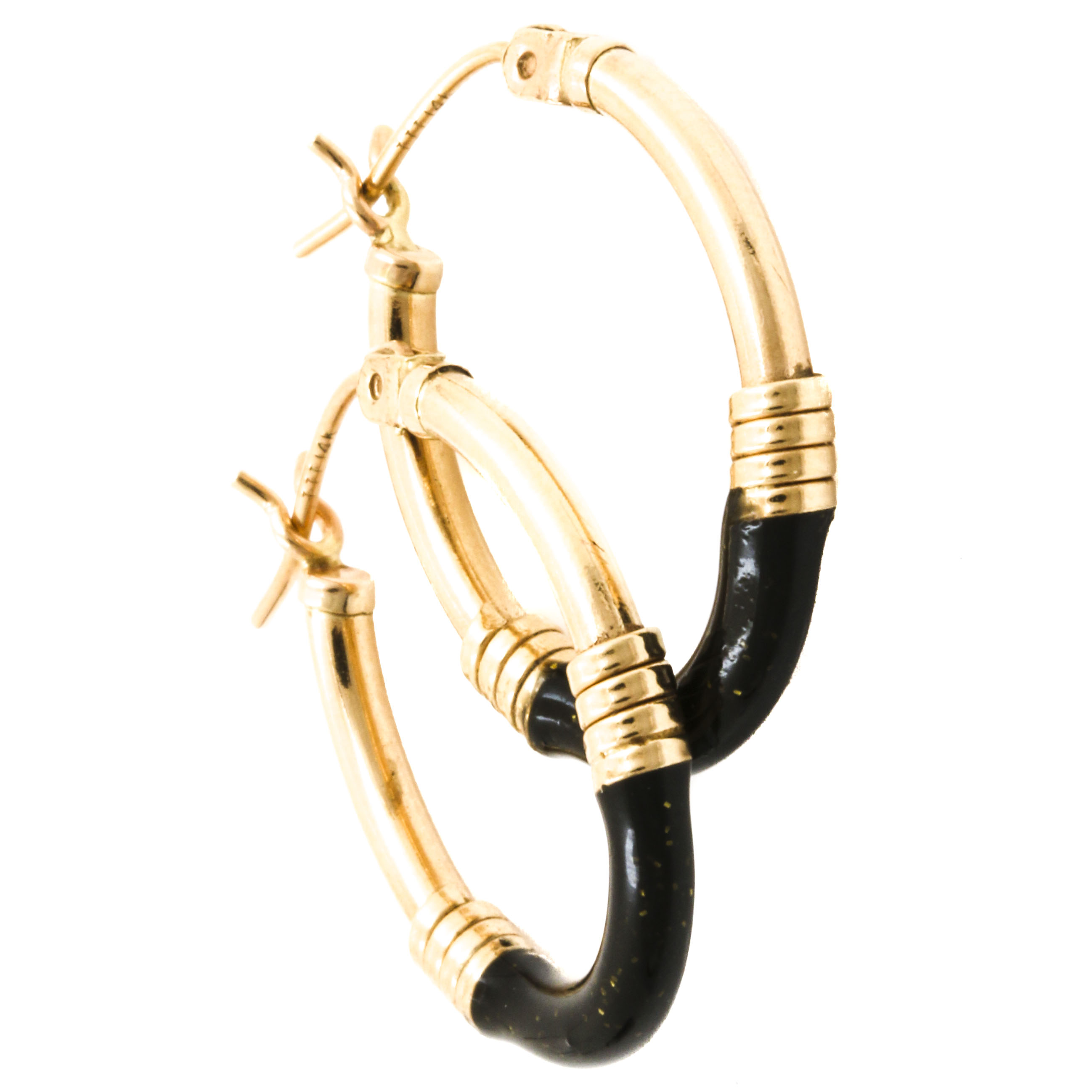 14K Yellow Gold Black Enamel Hoop and Black Onyx Disk Earrings