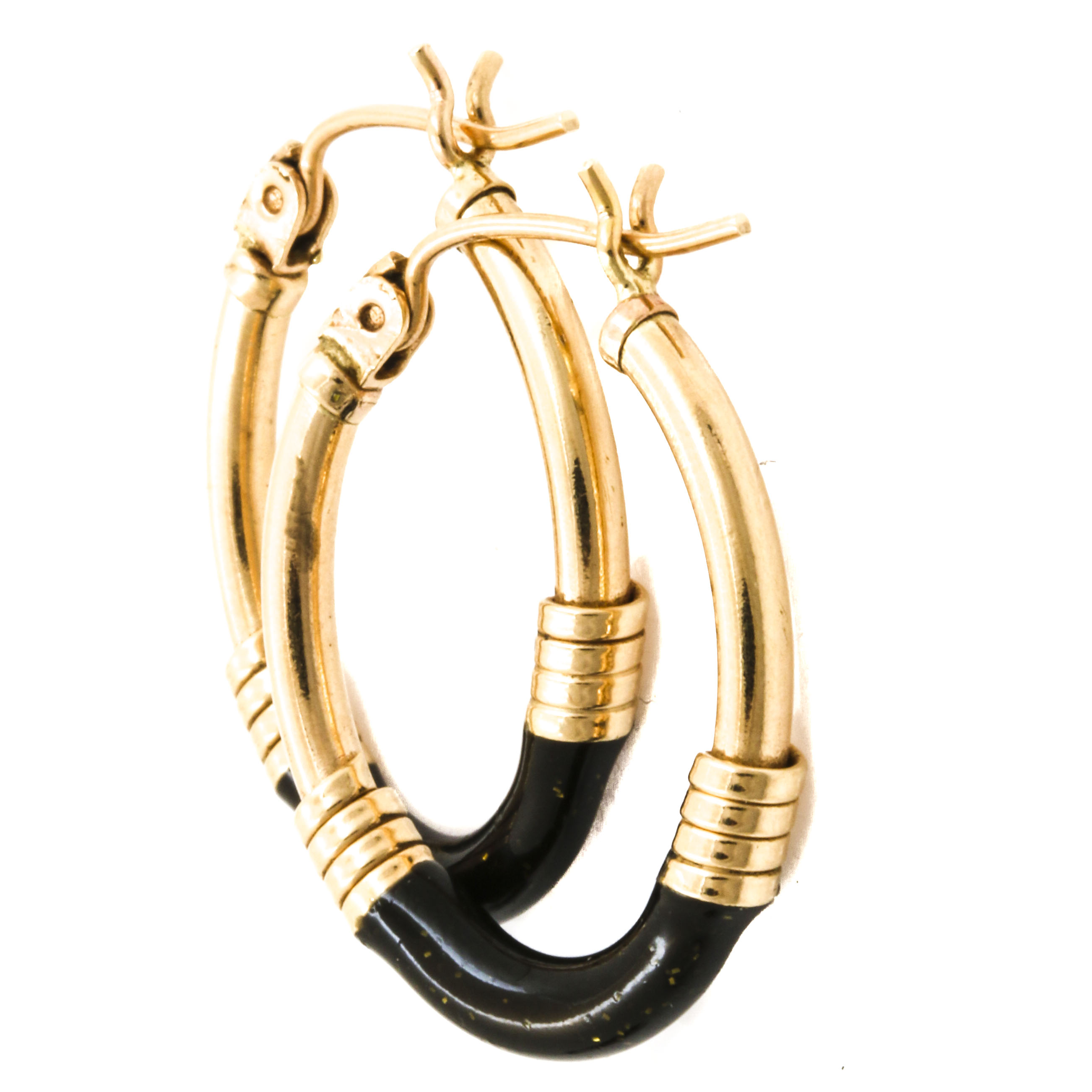 14K Yellow Gold Black Enamel Hoop and Black Onyx Disk Earrings