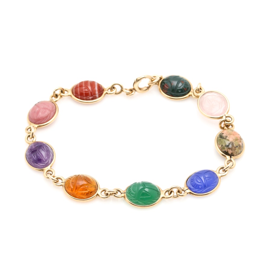 14K Yellow Gold Multi Gemstone Scarab Link Bracelet