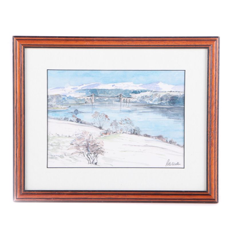 Pete Slater Watercolor Painting on Paper of Landscape with Suspension Bridge