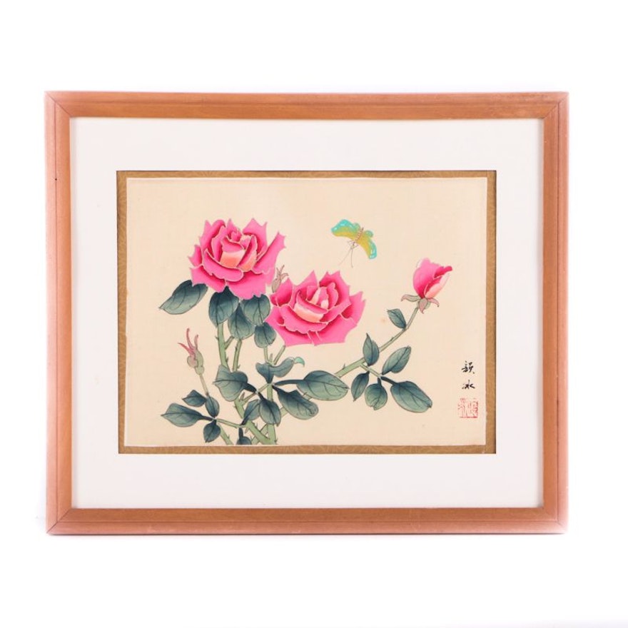 East Asian Style Watercolor and Gouache Painting on Silk of Flowers