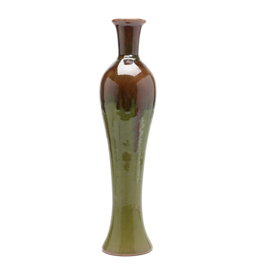 Tall Green and Brown Pottery Vase