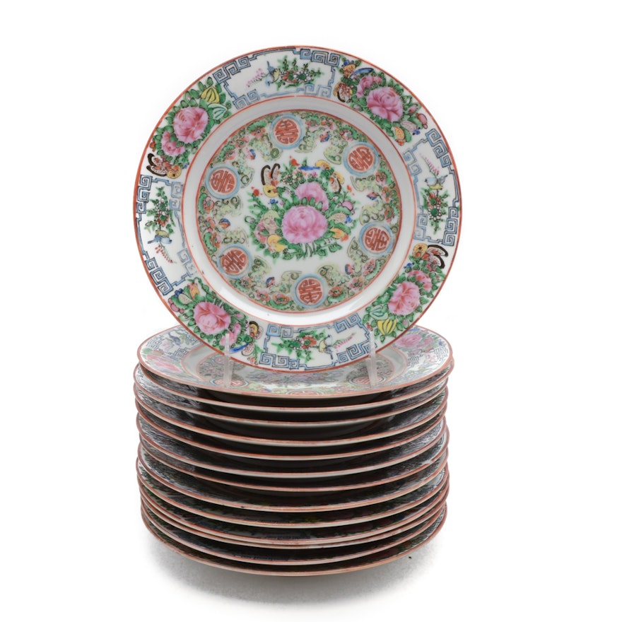 Chinese Hand-Painted Rose Canton Porcelain Plates