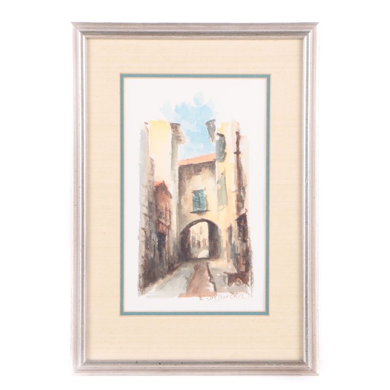 E. Dedoncker 1970s Watercolor Painting on Paper of Narrow European Street