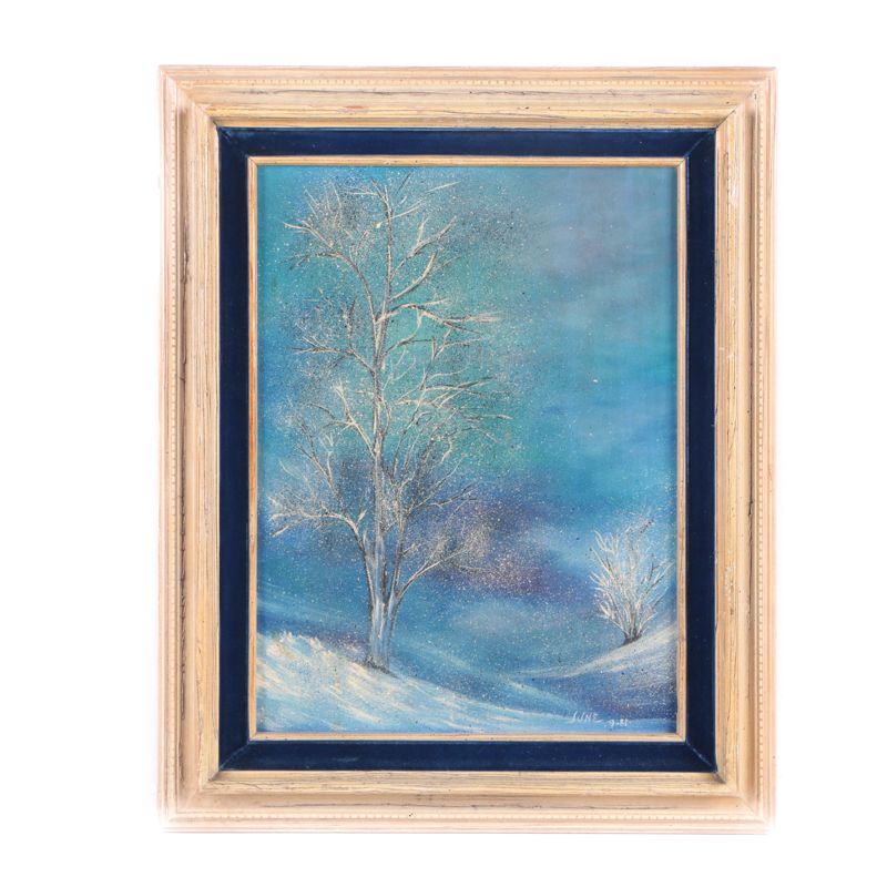 June 1981 Acrylic Painting on Canvas of Winter Landscape with Snow Covered Trees