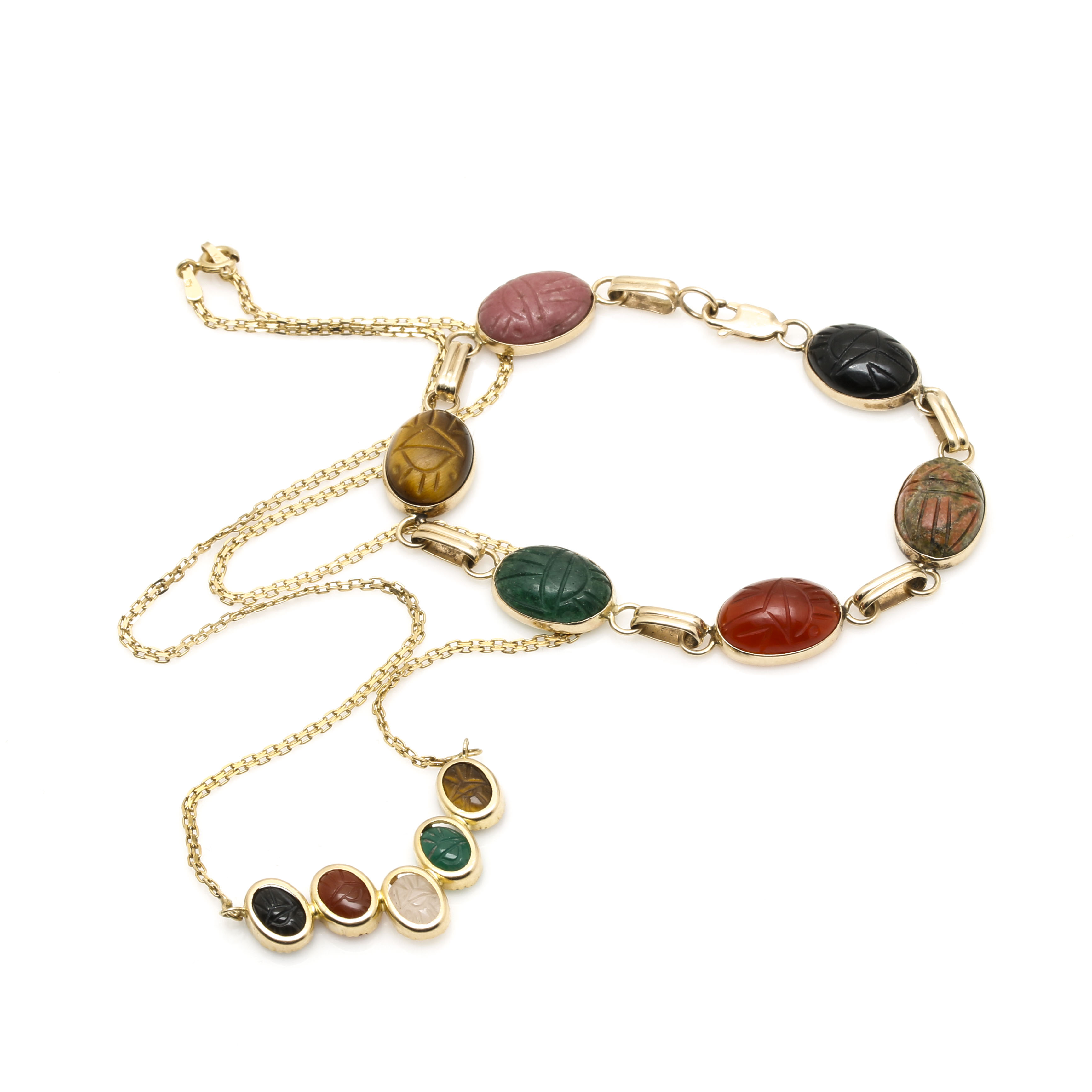 Selection of 14K Yellow Gold Multi Gemstone Scarab Link Bracelet and Necklace