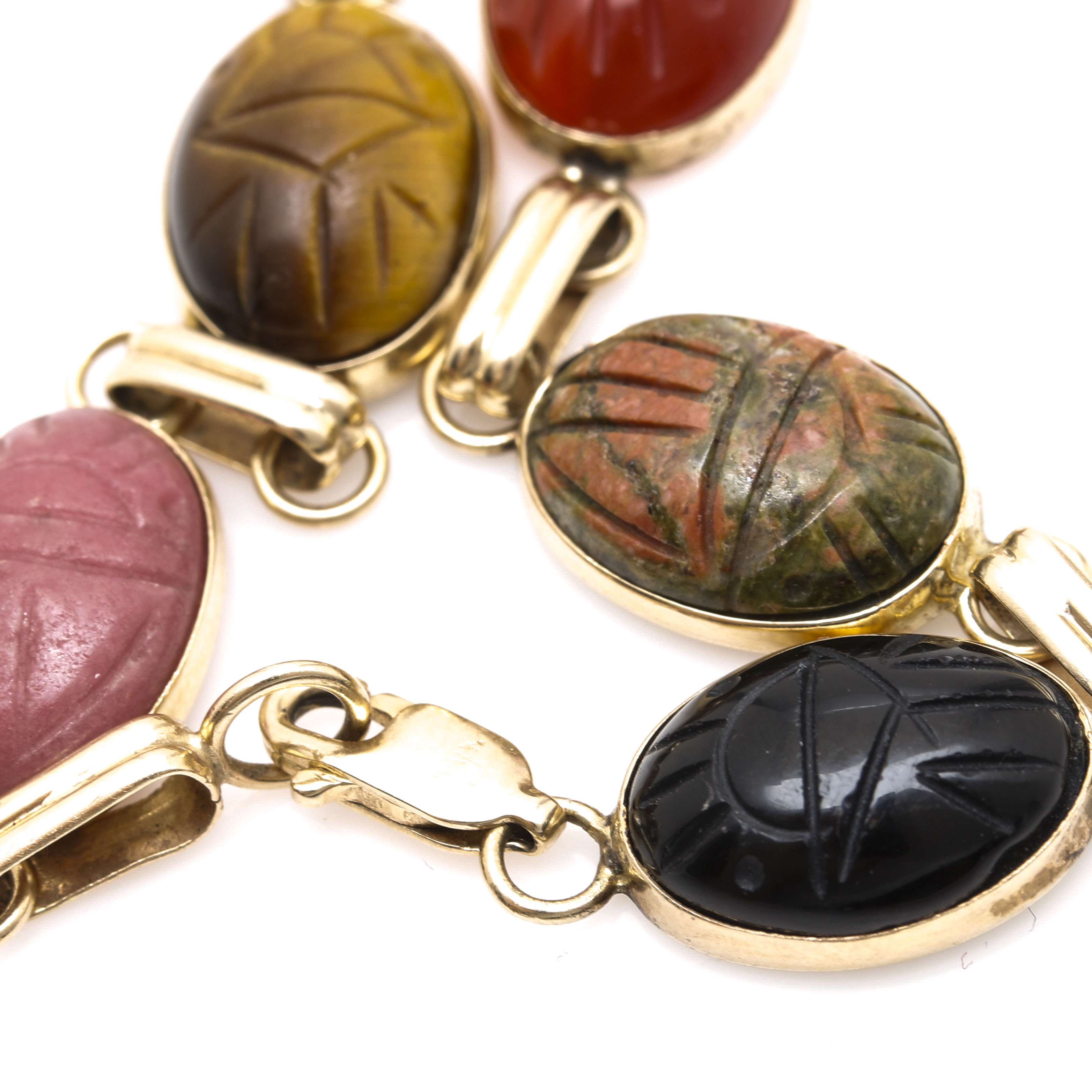 Selection of 14K Yellow Gold Multi Gemstone Scarab Link Bracelet and Necklace
