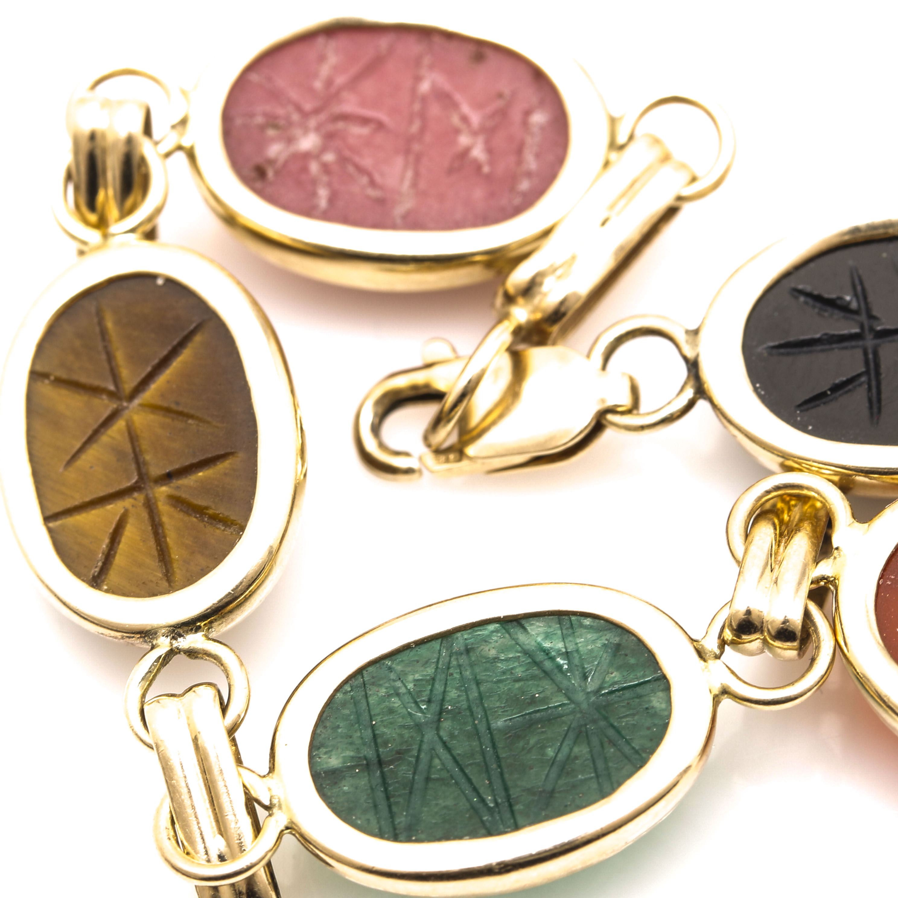 Selection of 14K Yellow Gold Multi Gemstone Scarab Link Bracelet and Necklace