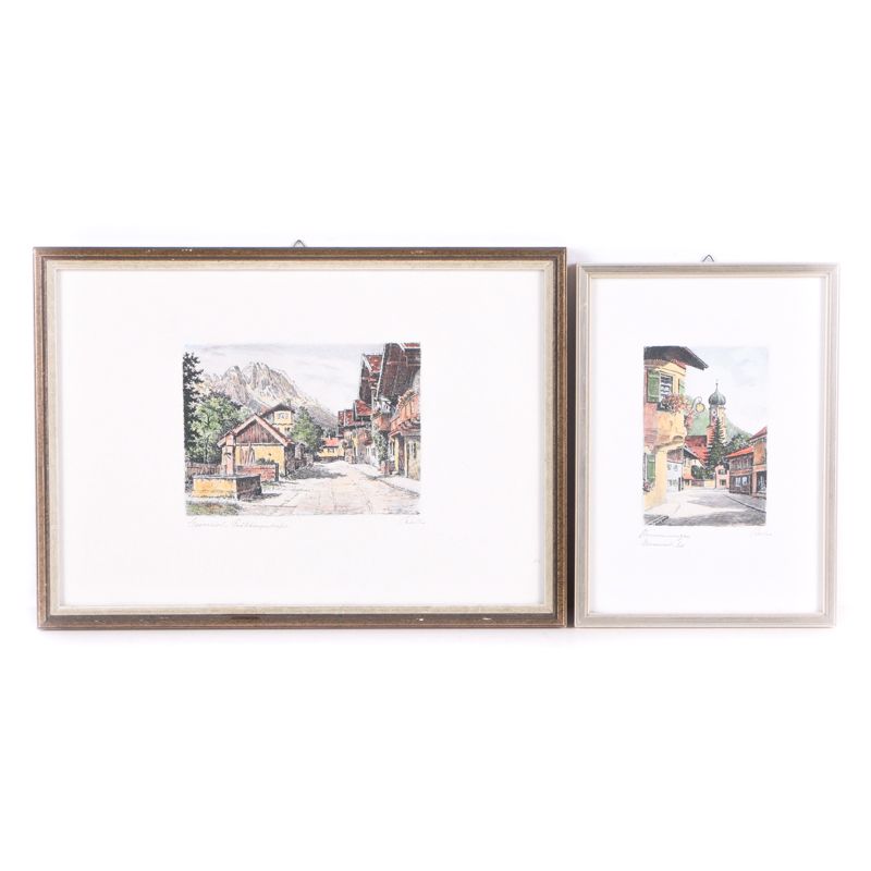Hand Colored Etchings on Paper of Mountain Towns