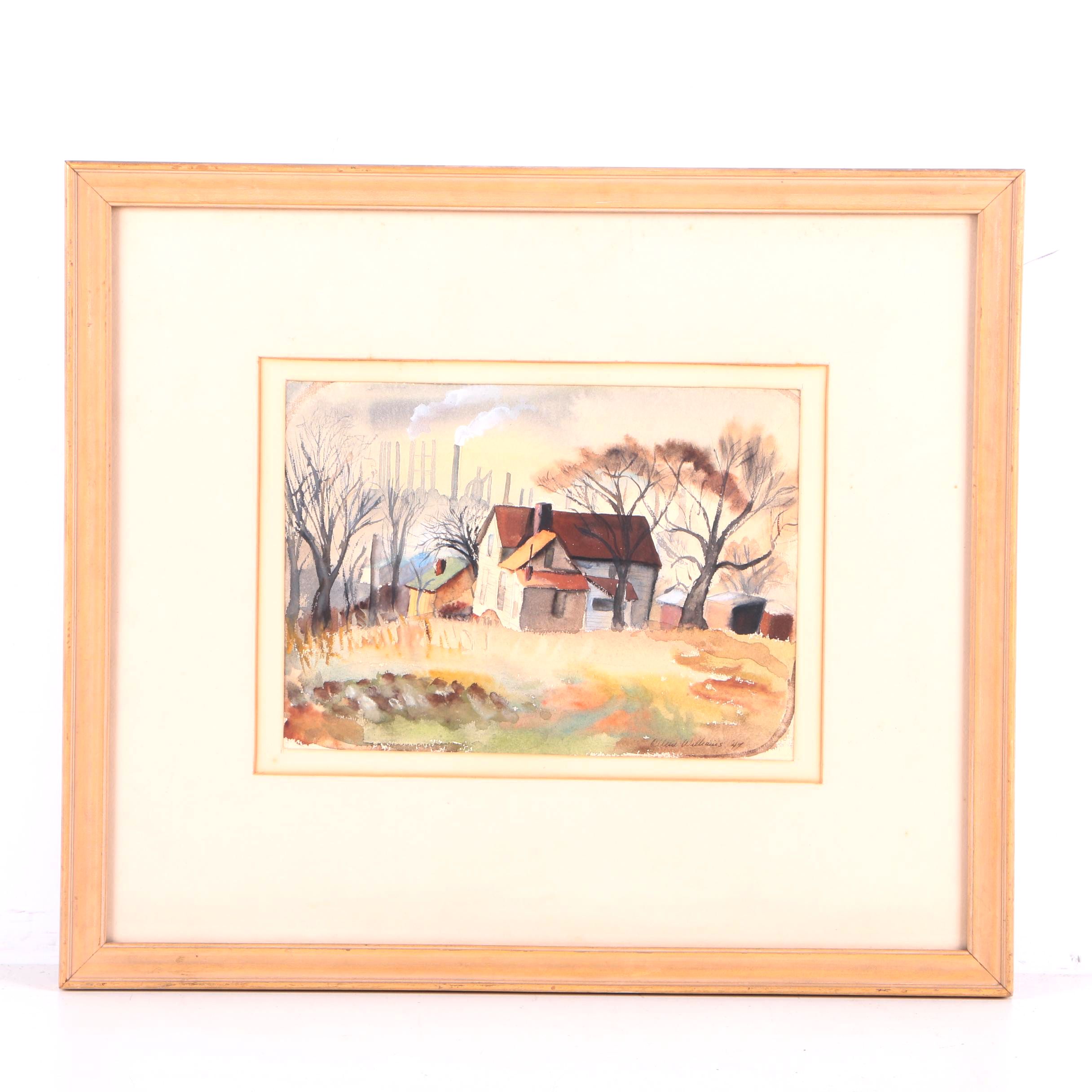 Olleen Williams 1947 Watercolor of Small Homes Set Against Industrial Backdrop