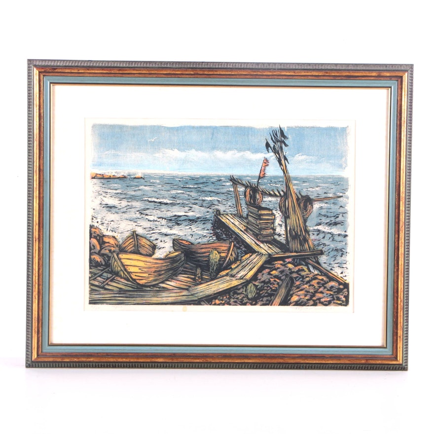 Tapio Haili Limited Edition Serigraph on Paper of Ship Scene