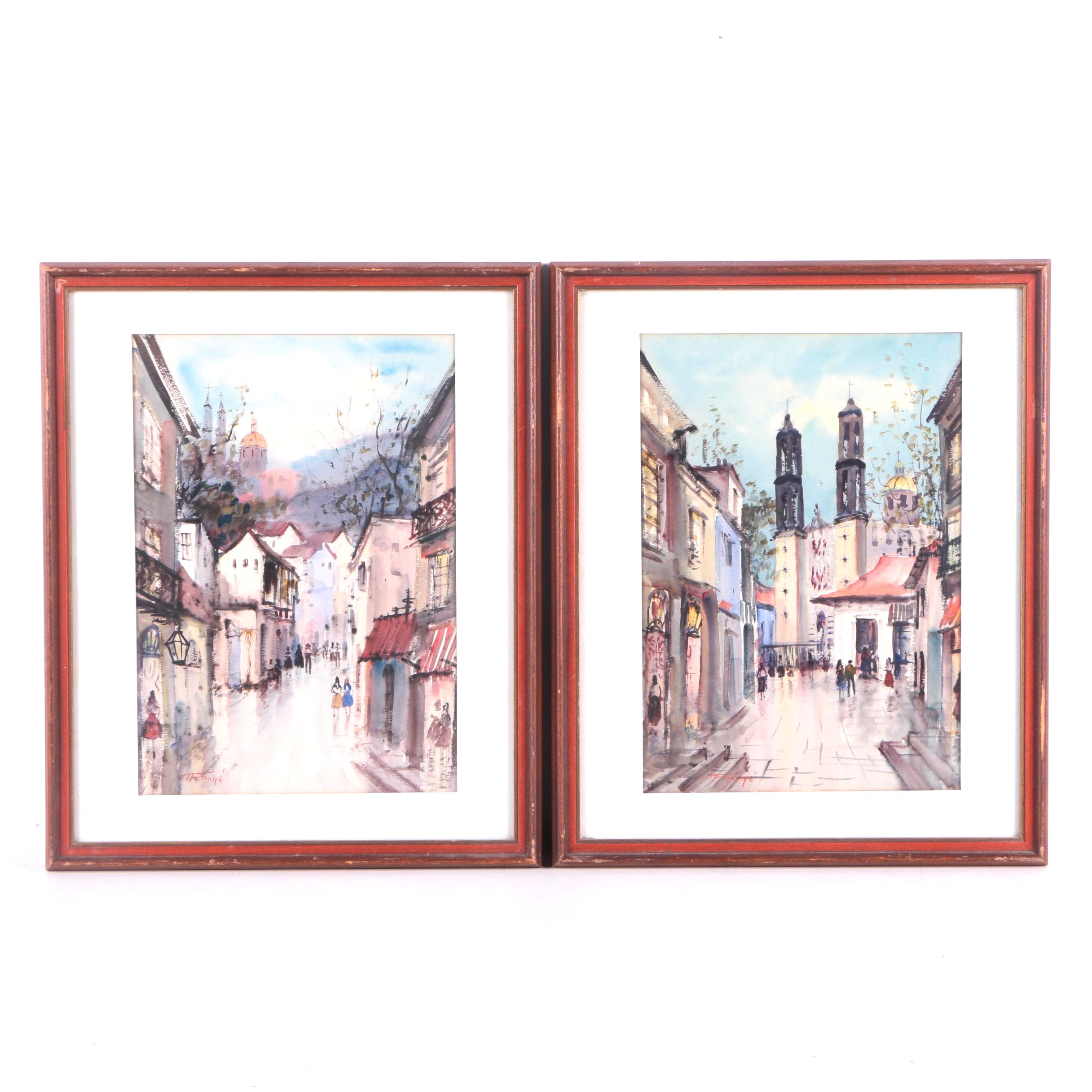 Two Nestor Frugé Watercolor Paintings on Paper of European Street Scenes