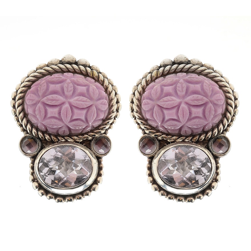 Stephen Dweck Sterling Silver Amethyst and Dyed Agate Clip Earrings