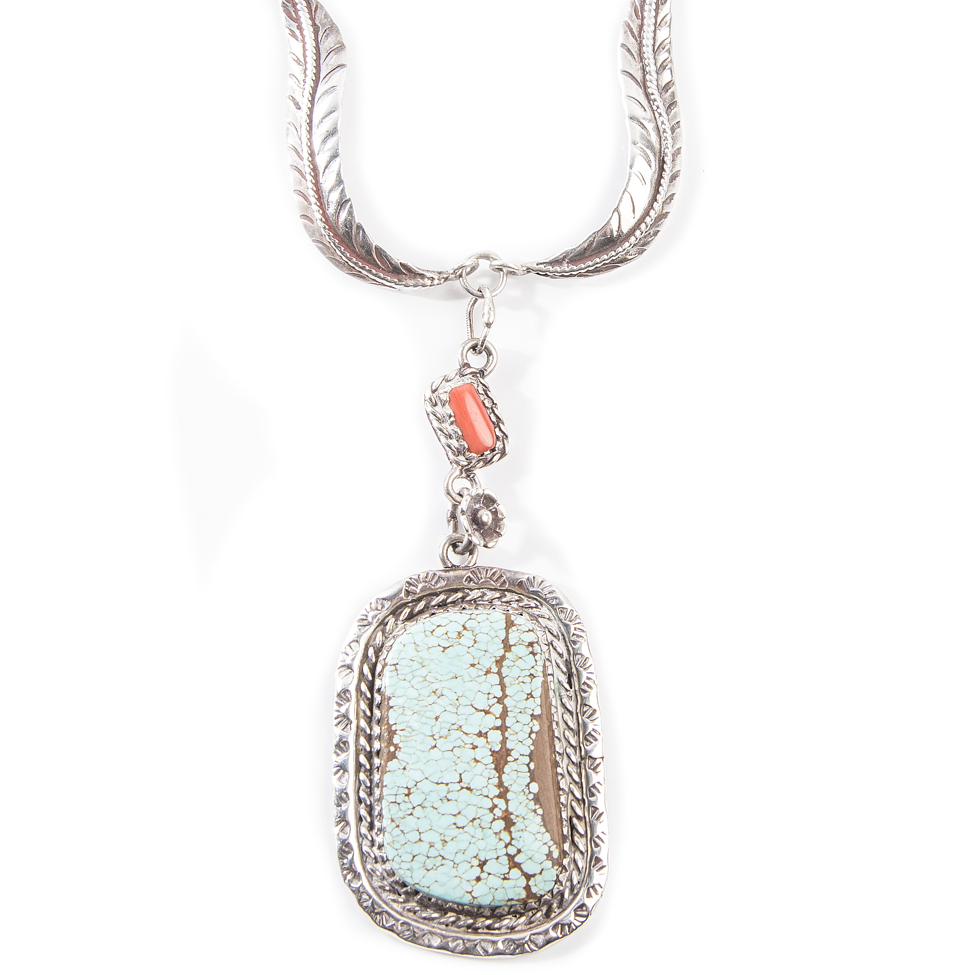 Signed Sterling Native American Style Turquoise and Coral Necklace