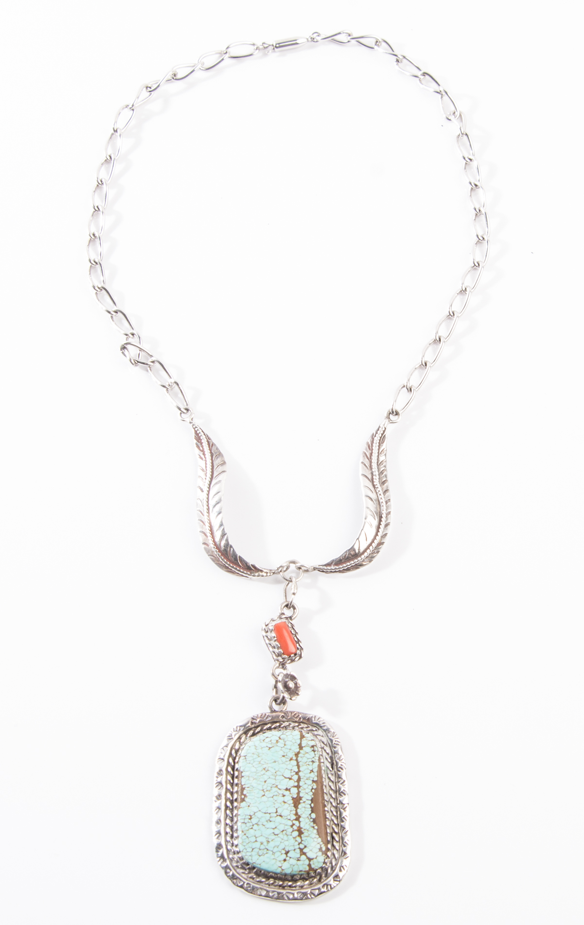 Signed Sterling Native American Style Turquoise and Coral Necklace