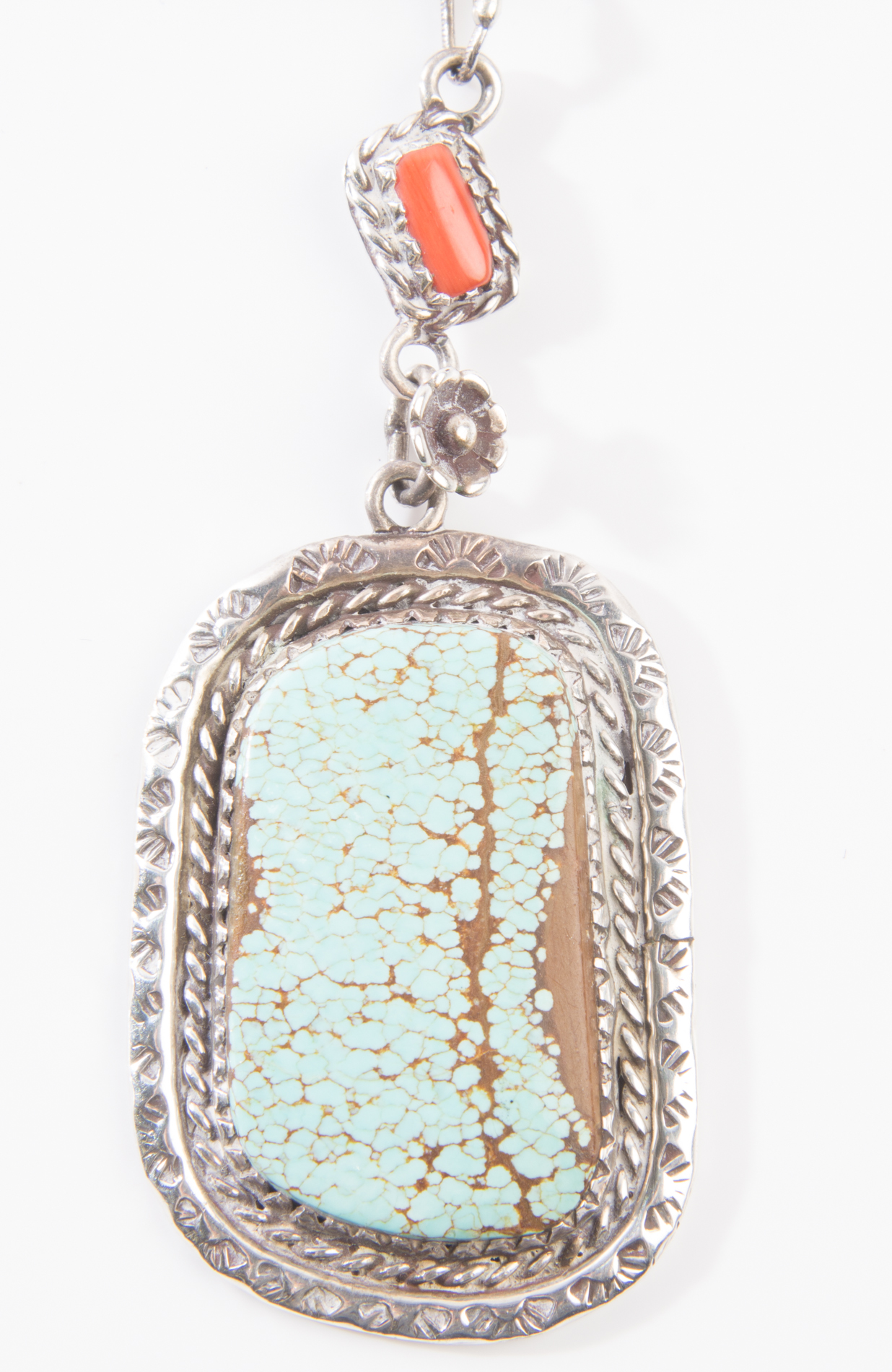 Signed Sterling Native American Style Turquoise and Coral Necklace