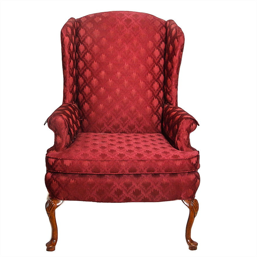 Alex Vale Damask Upholstered Queen Anne Style Wing  Chair