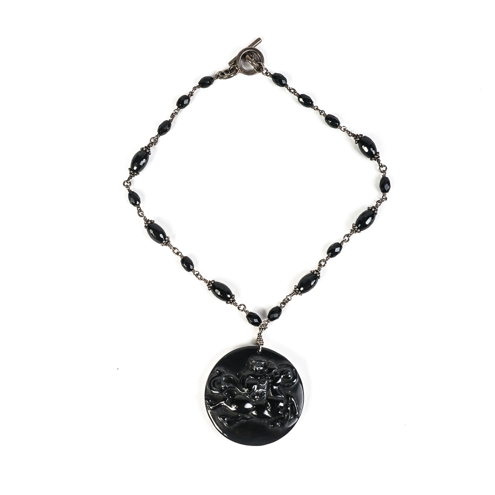 Sterling Silver and Carved Onyx Pendant Necklace