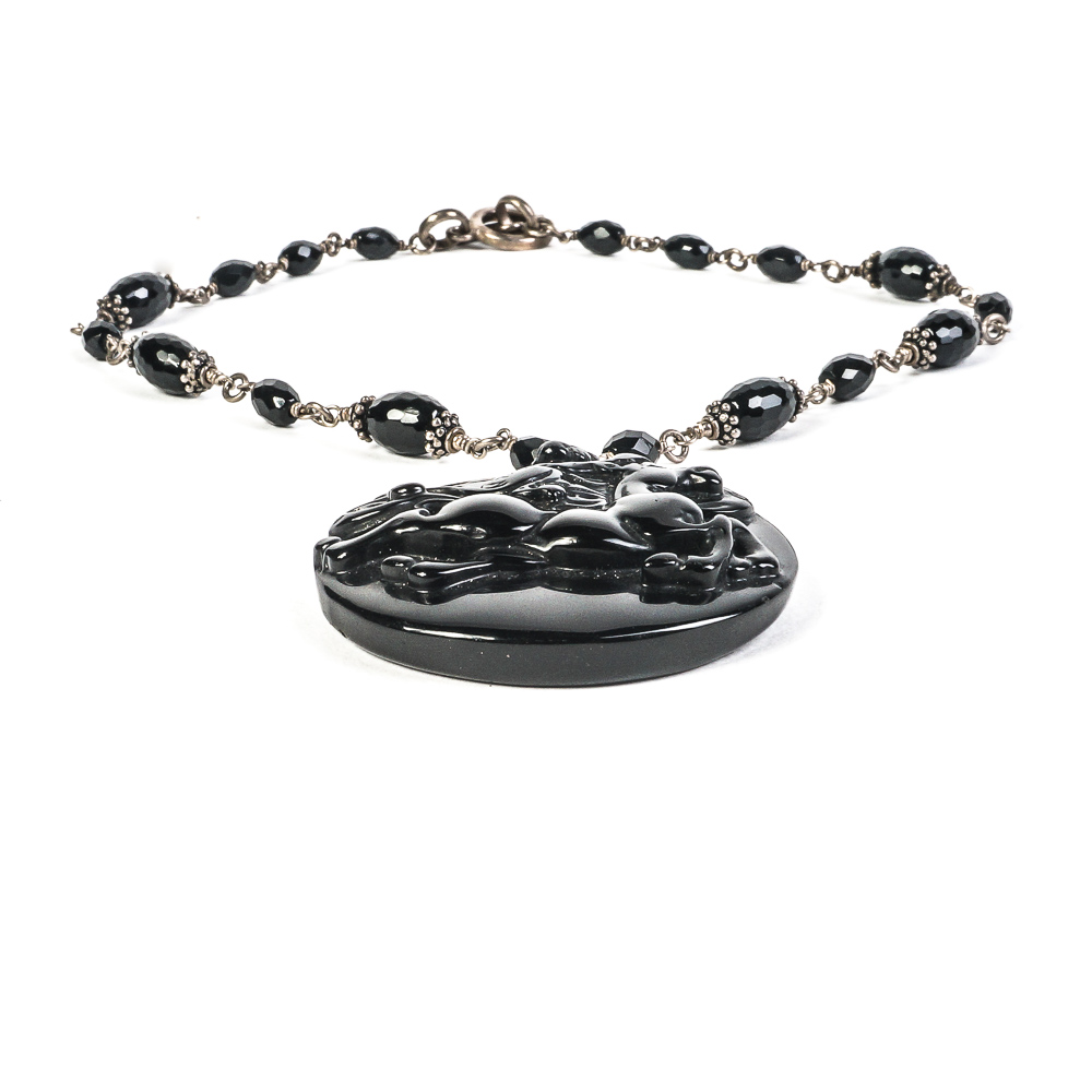 Sterling Silver and Carved Onyx Pendant Necklace