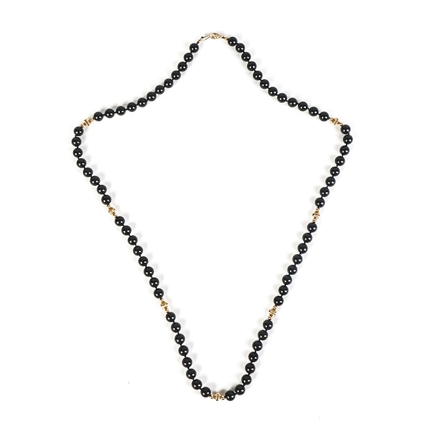 14K Yellow Gold and Onyx Beaded Necklace
