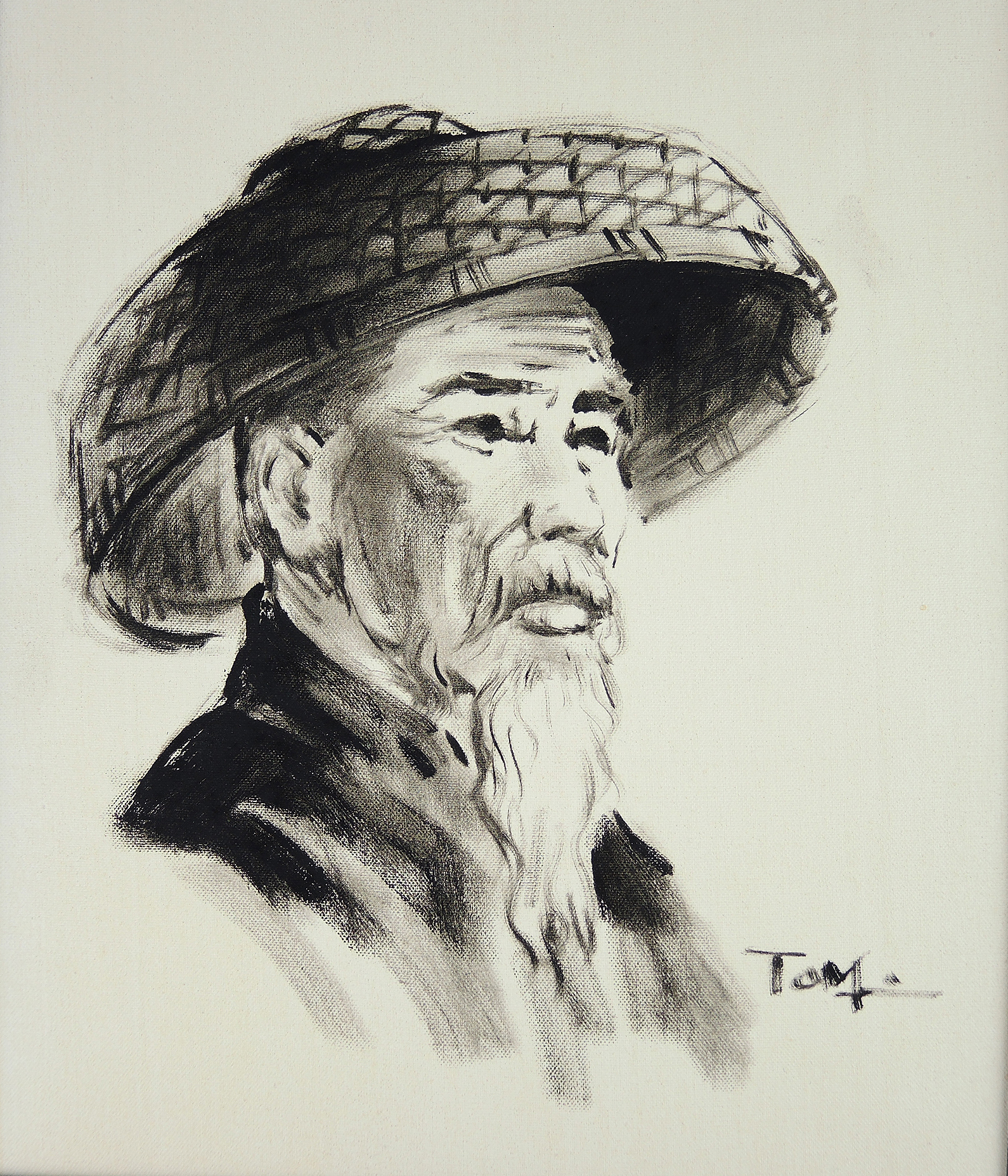 Signed Mixed Media of an Asian Elder