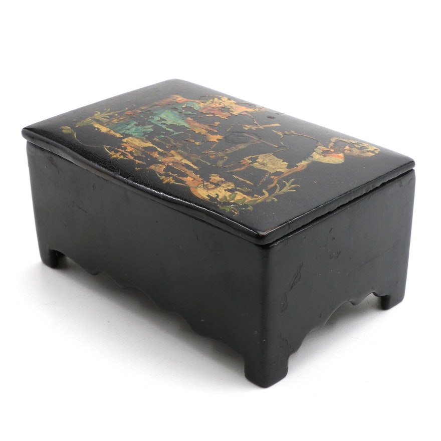 Antique Continental Black Lacquered Trinket Box with Figural Scene