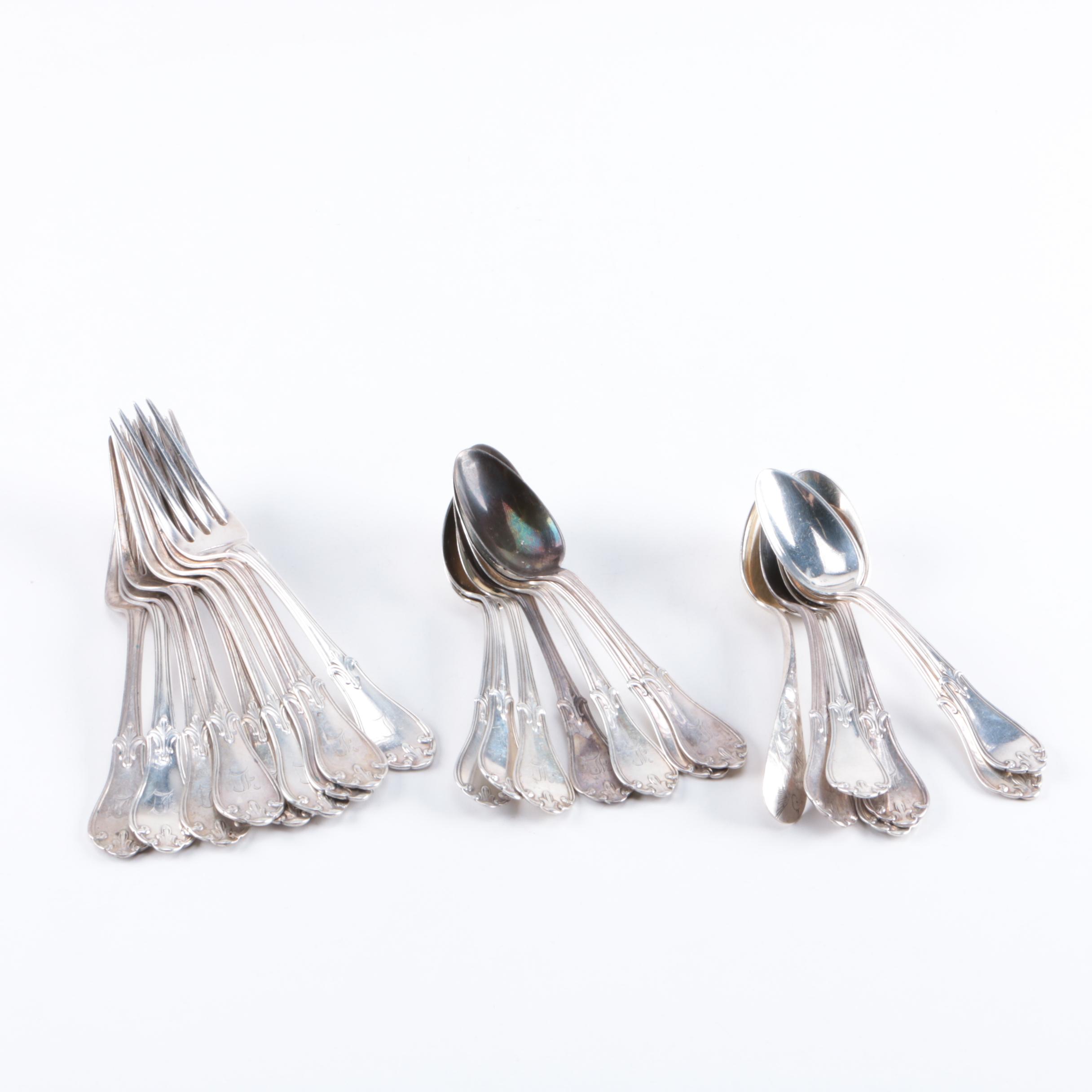 19th Century C.A.W. Crosby Coin Silver Flatware with F&H Spoon