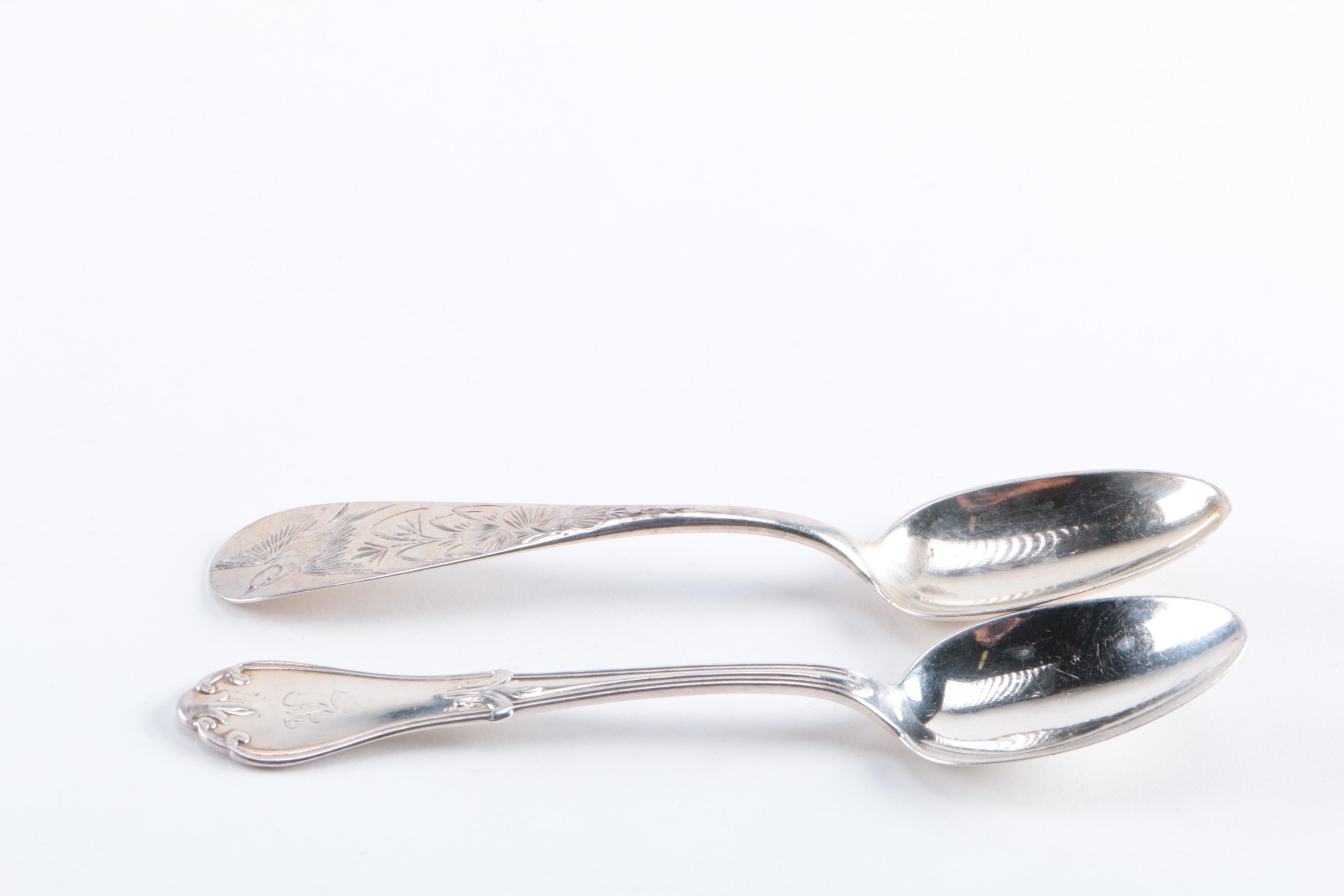 19th Century C.A.W. Crosby Coin Silver Flatware with F&H Spoon