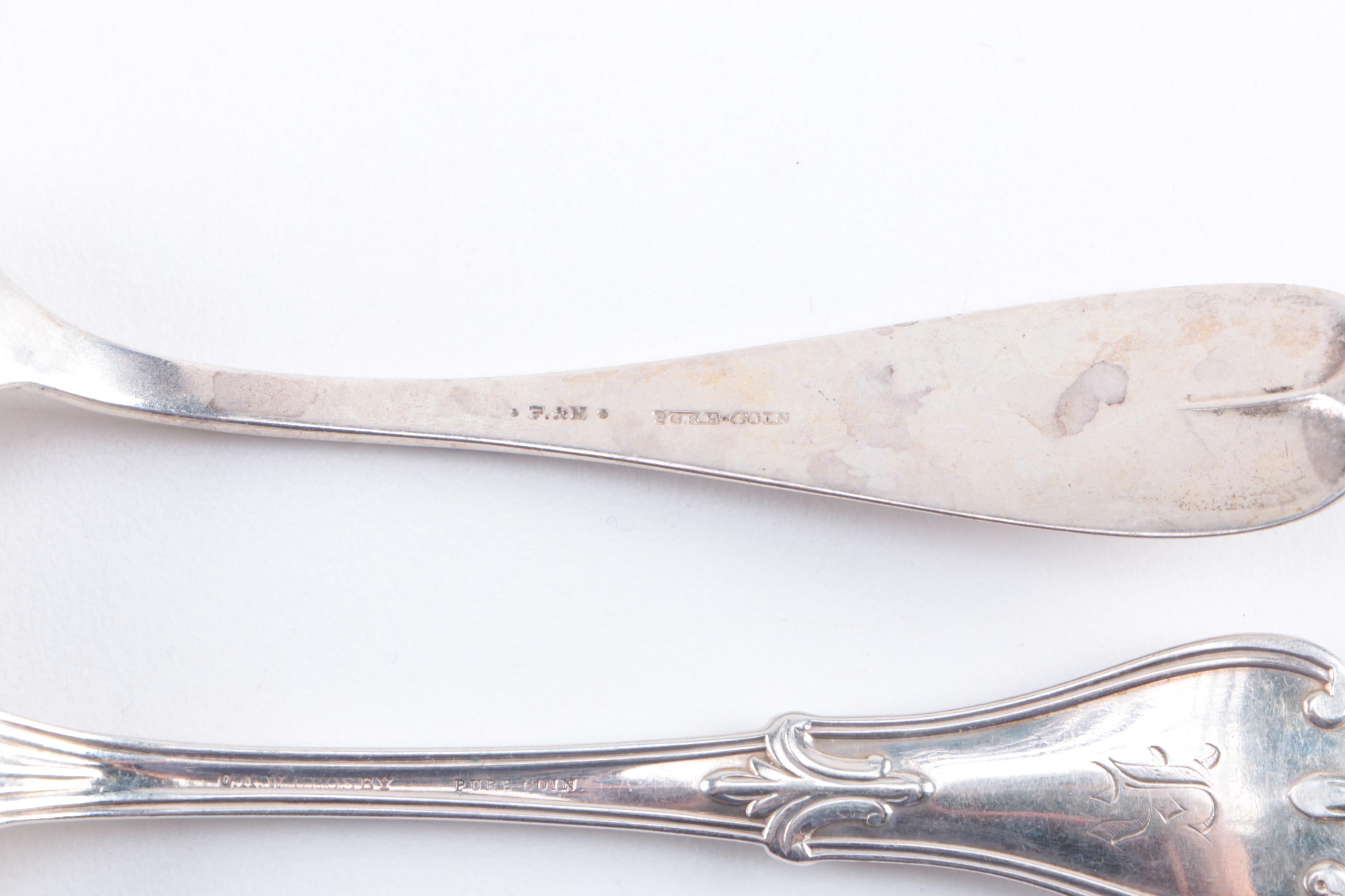 19th Century C.A.W. Crosby Coin Silver Flatware with F&H Spoon