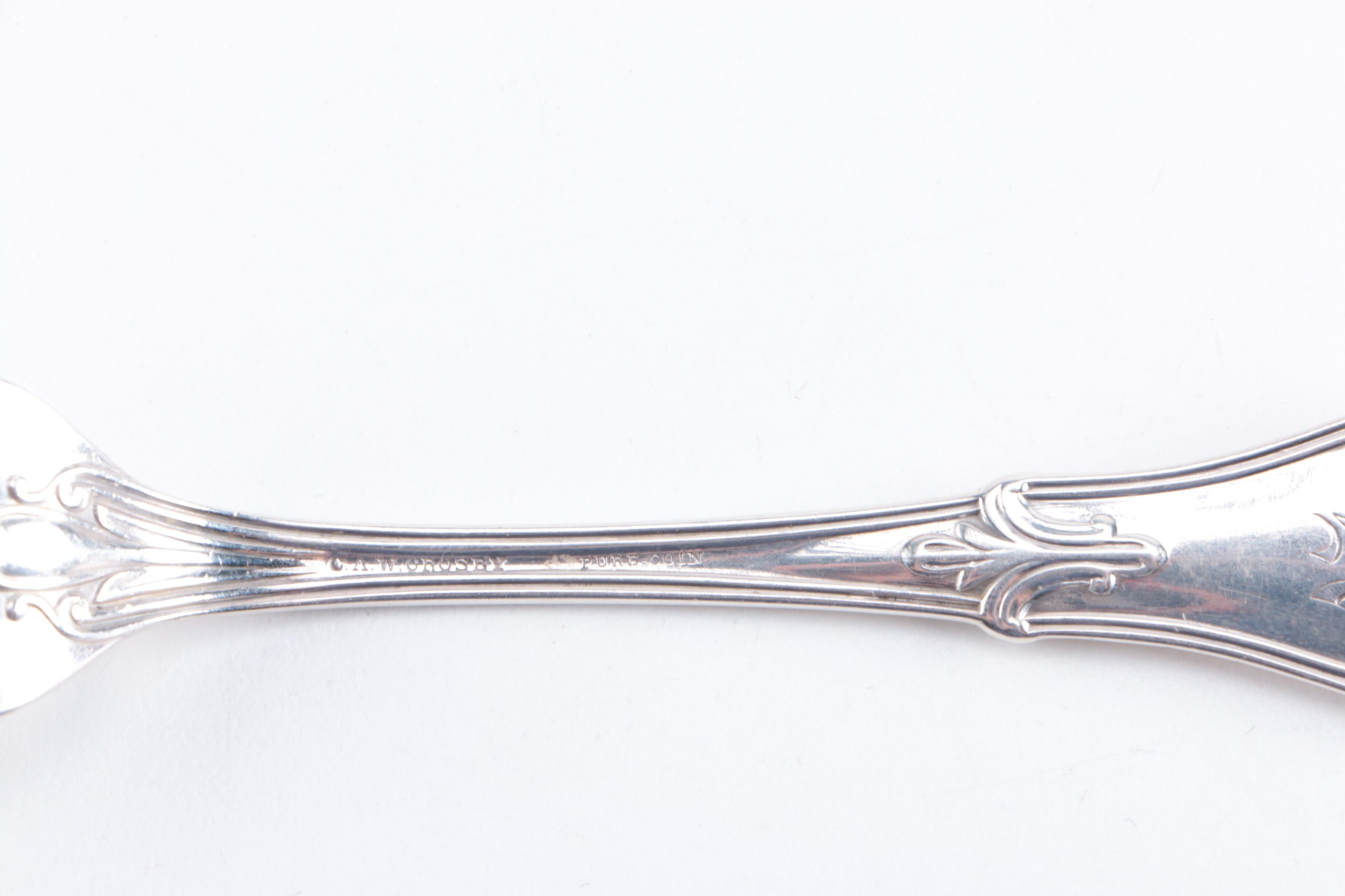 19th Century C.A.W. Crosby Coin Silver Flatware with F&H Spoon