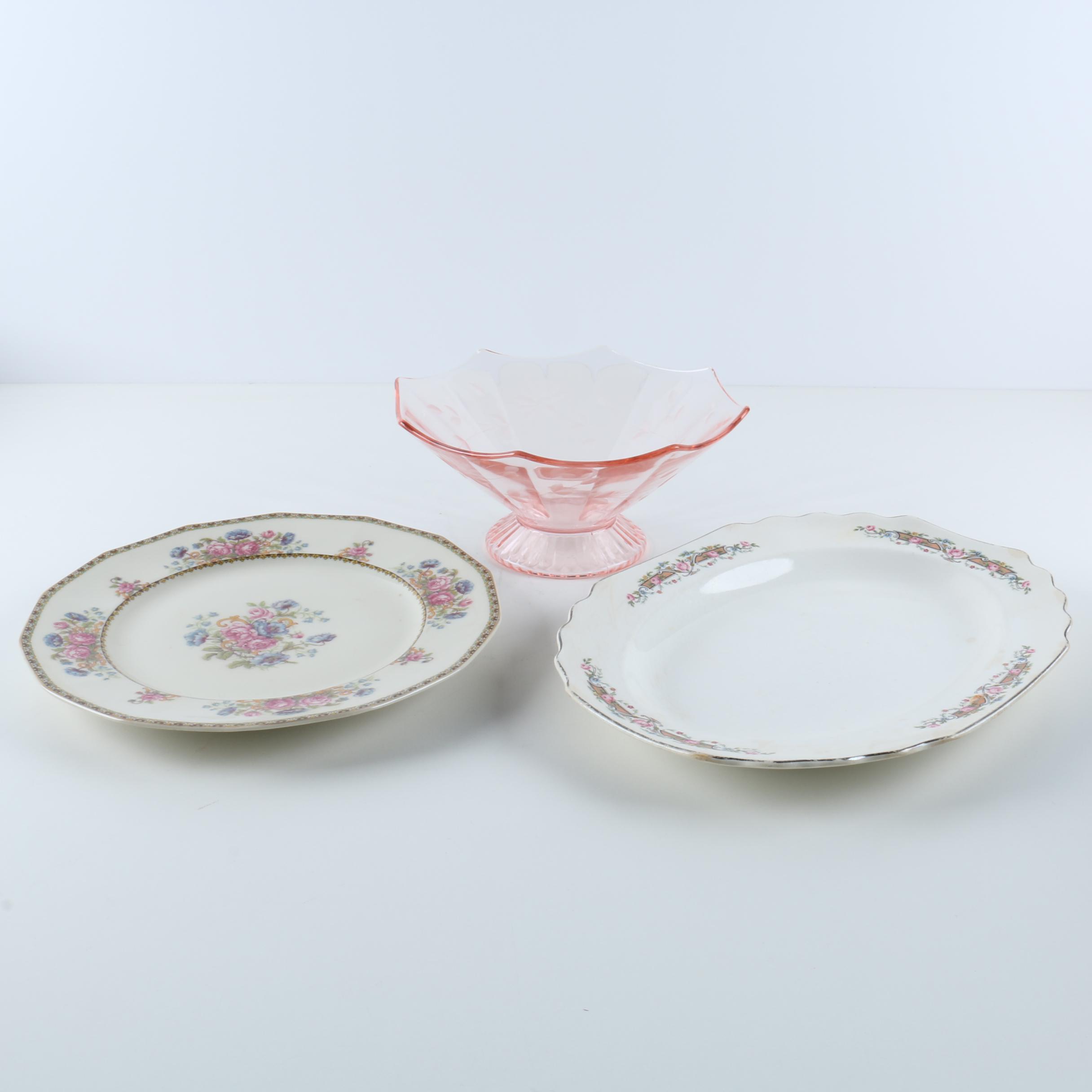 Stoneware Serving Plates with Chas Field Haviland and Rose Pink Footed Bowl