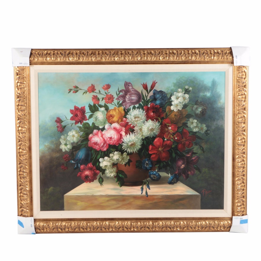 P. Muñoz Oil Painting on Canvas of Floral Still Life