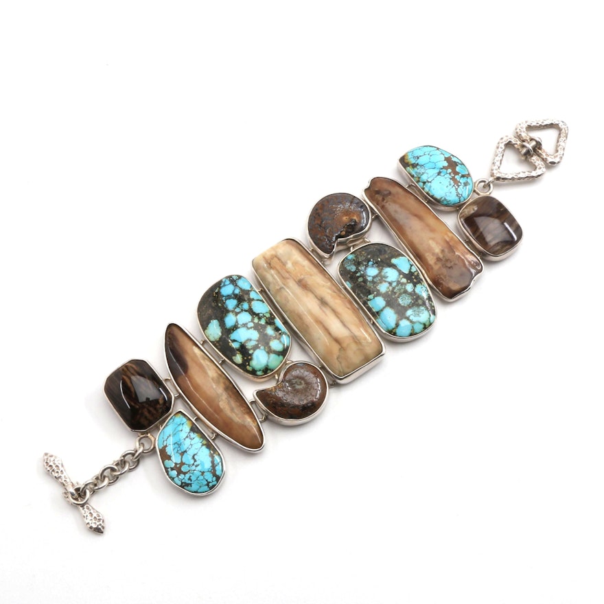 Wide Turquoise, Wood Horn and Ammonoid Fossil Bracelet in Sterling Silver Mount