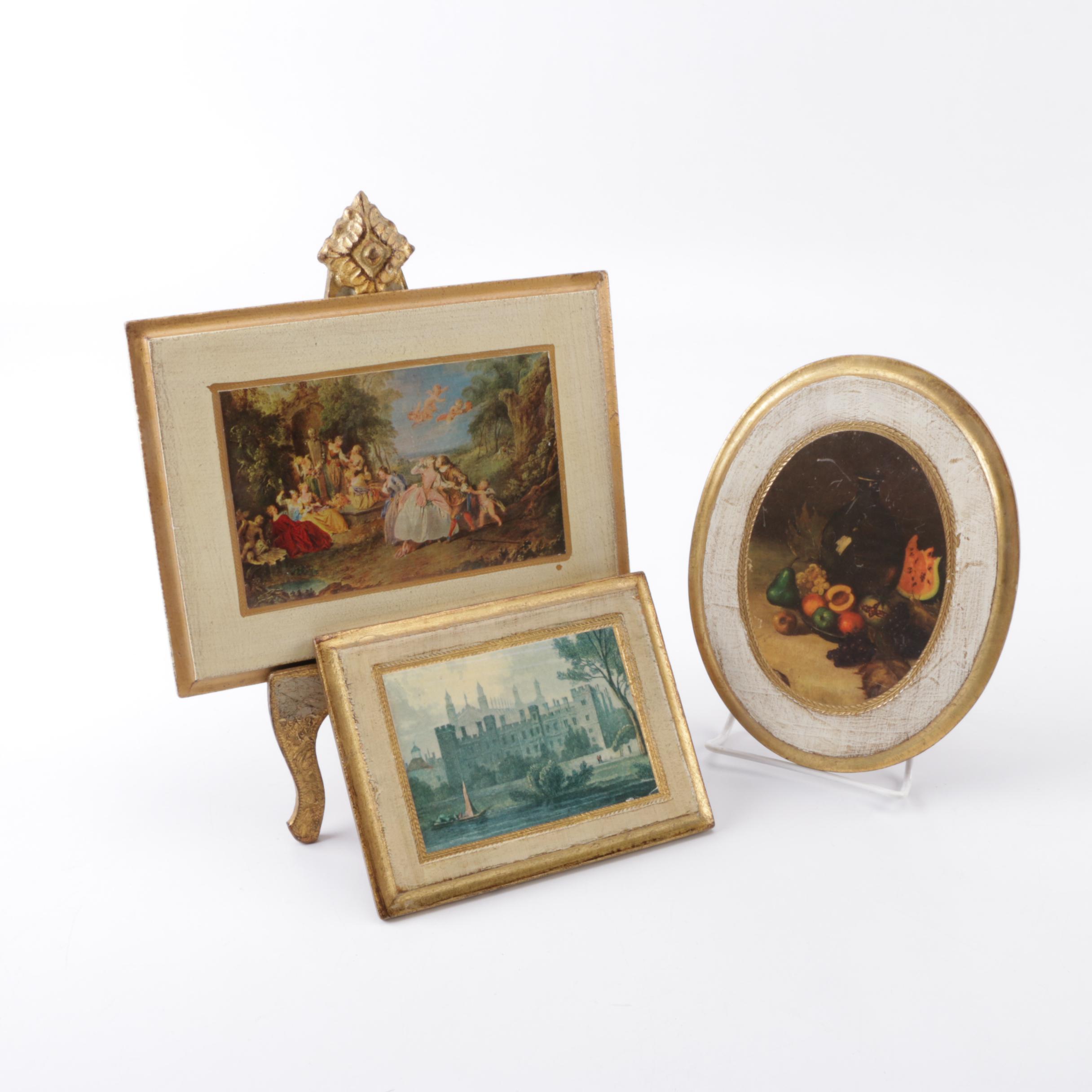 Three Vintage Reproduction Prints on Wooden "Antiqued Florentine Plaques"