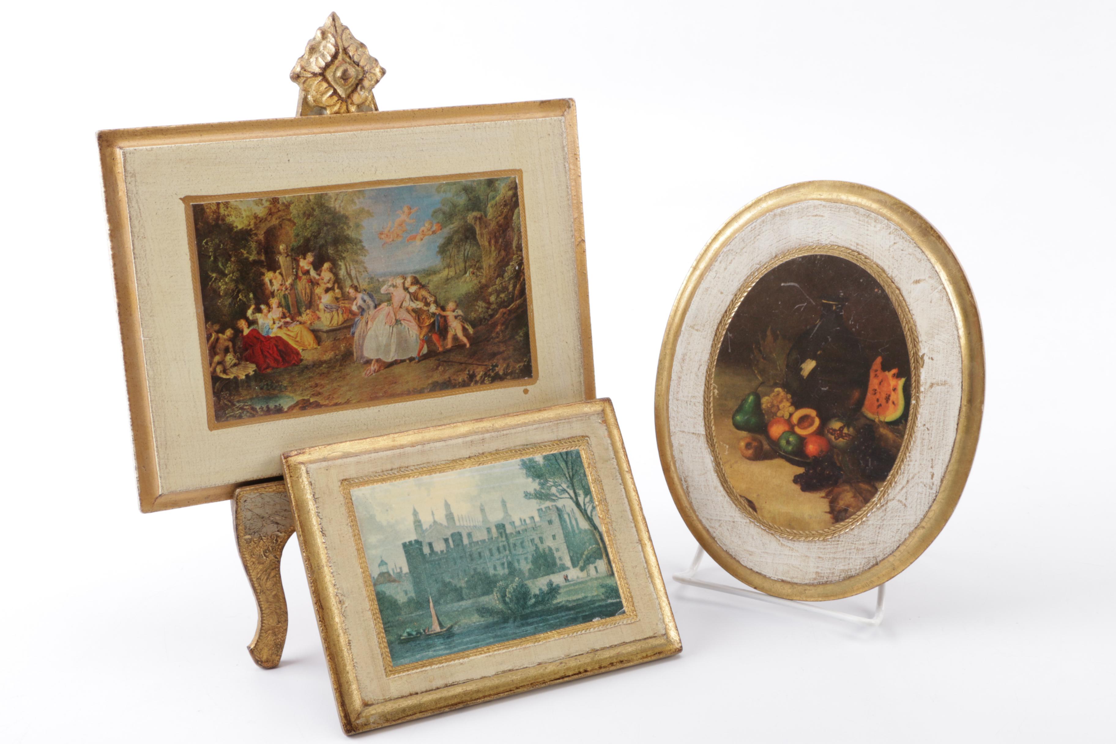 Three Vintage Reproduction Prints on Wooden "Antiqued Florentine Plaques"