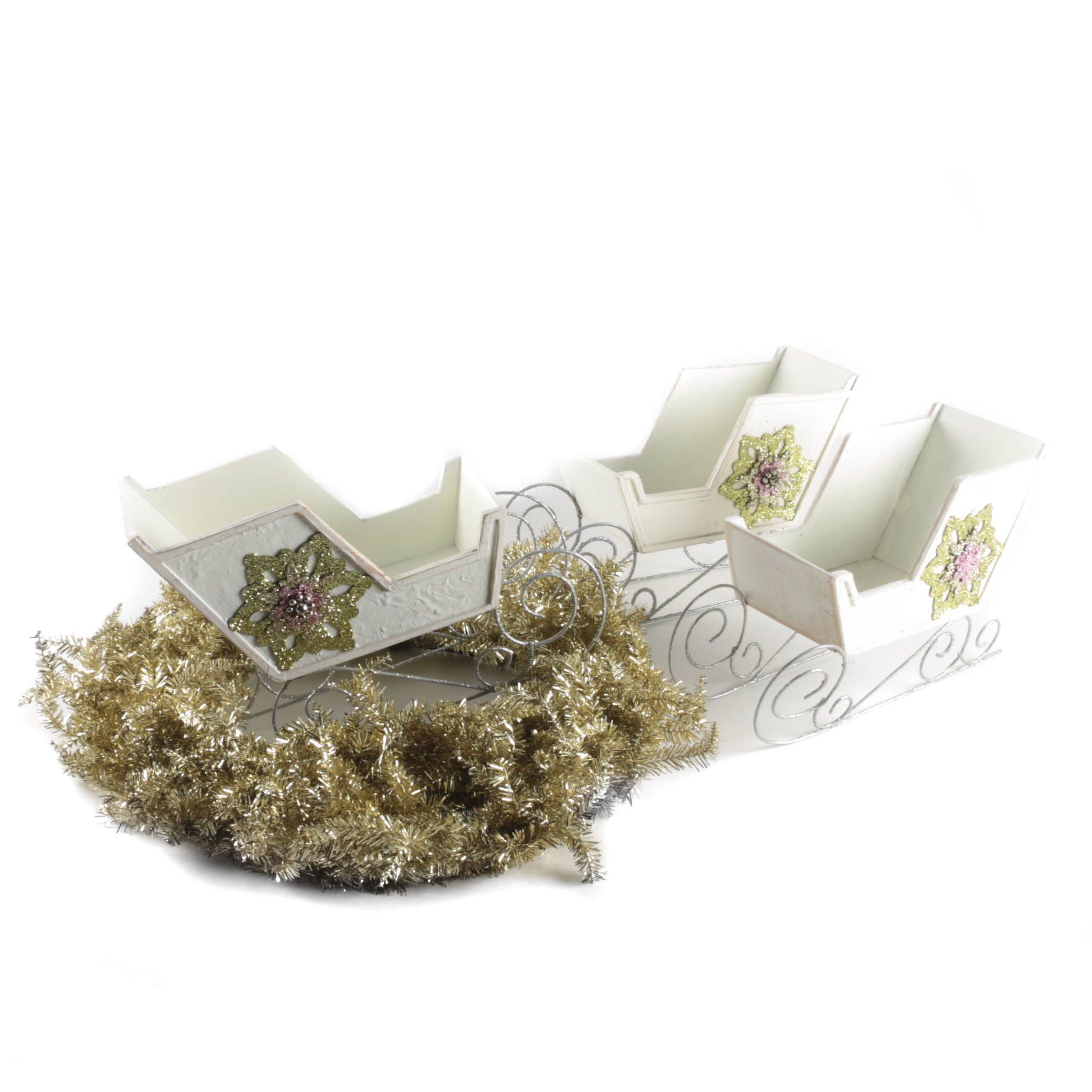 Gold Metallic Wreath and Wooden Decorative Sleds