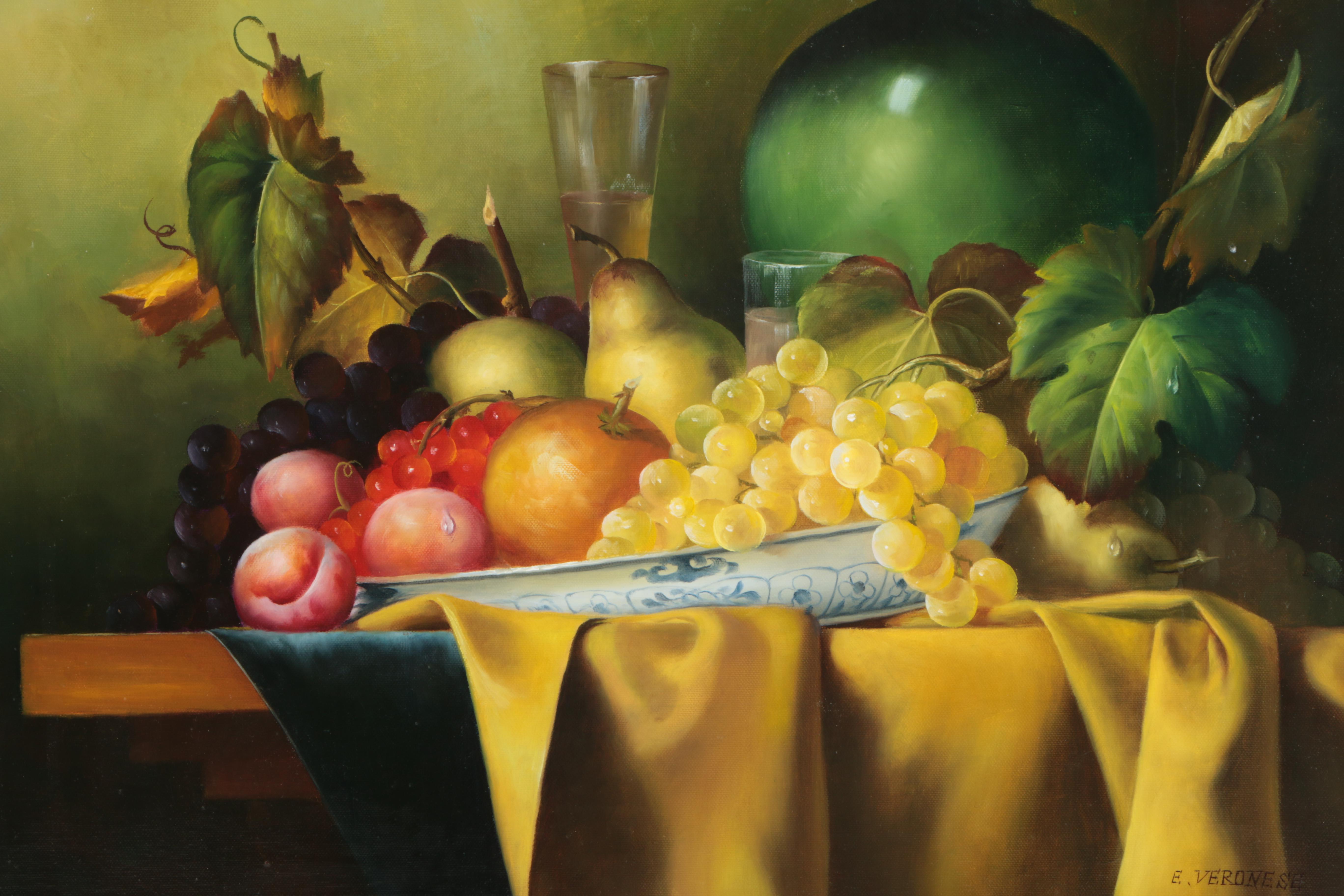 E. Veronese Oil Painting on Canvas of Still Life with Fruit and Wine