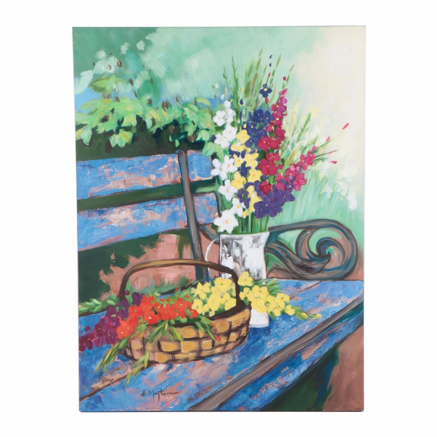 Acrylic Painting on Canvas of Flowers on a Bench