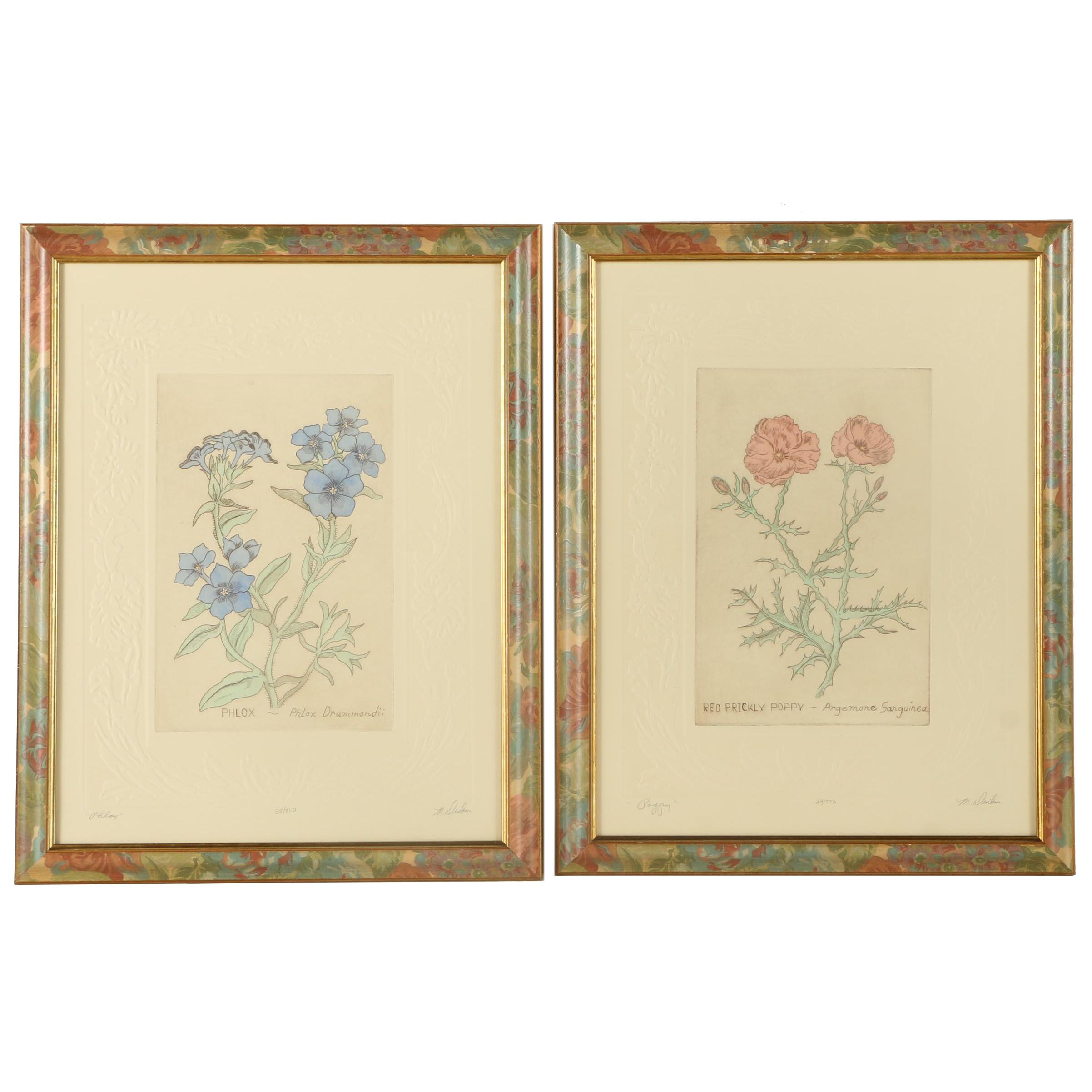 Limited Edition Hand Colored Etchings with Embossment "Phlox" and "Poppy"