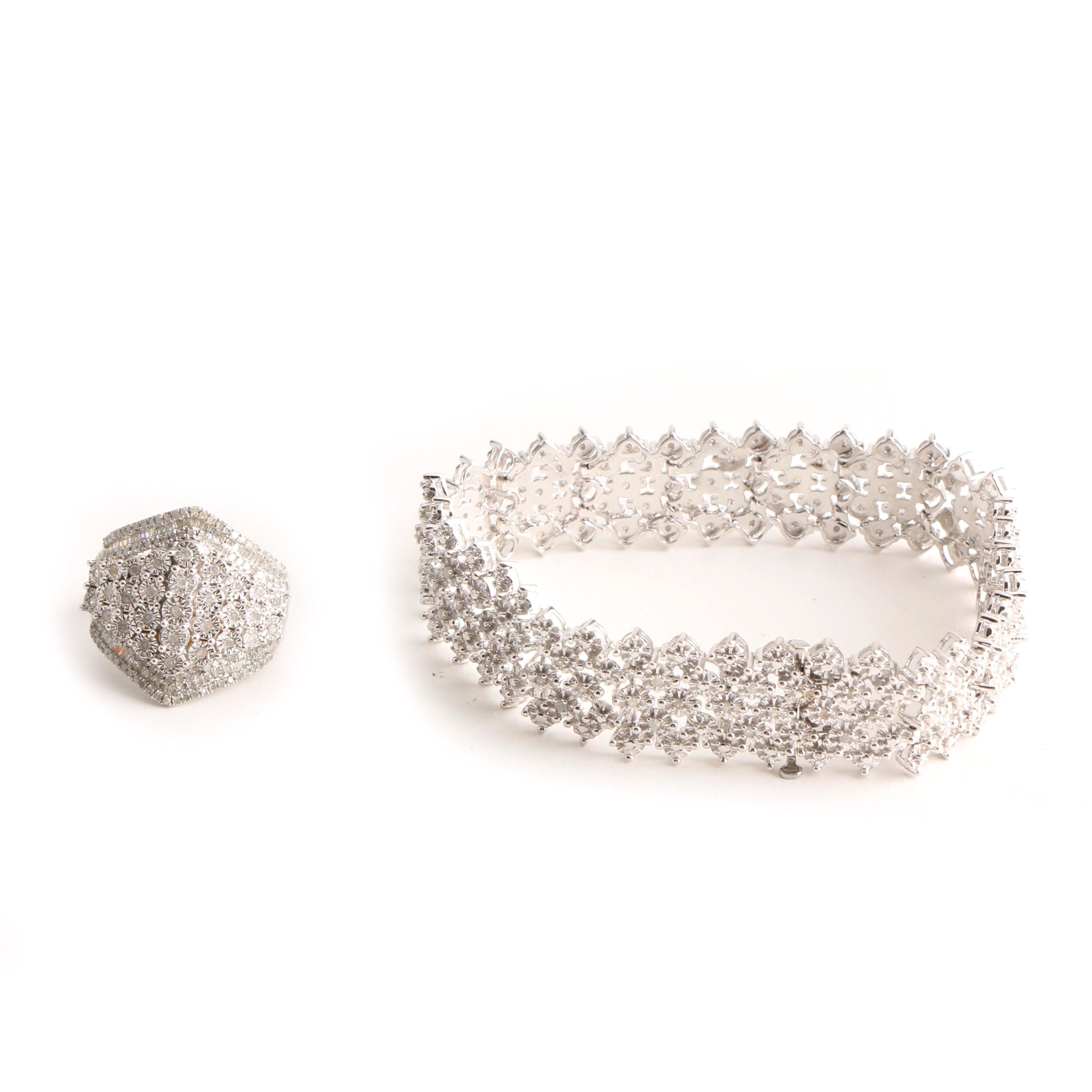Sterling Silver Bracelet and Ring with Diamonds
