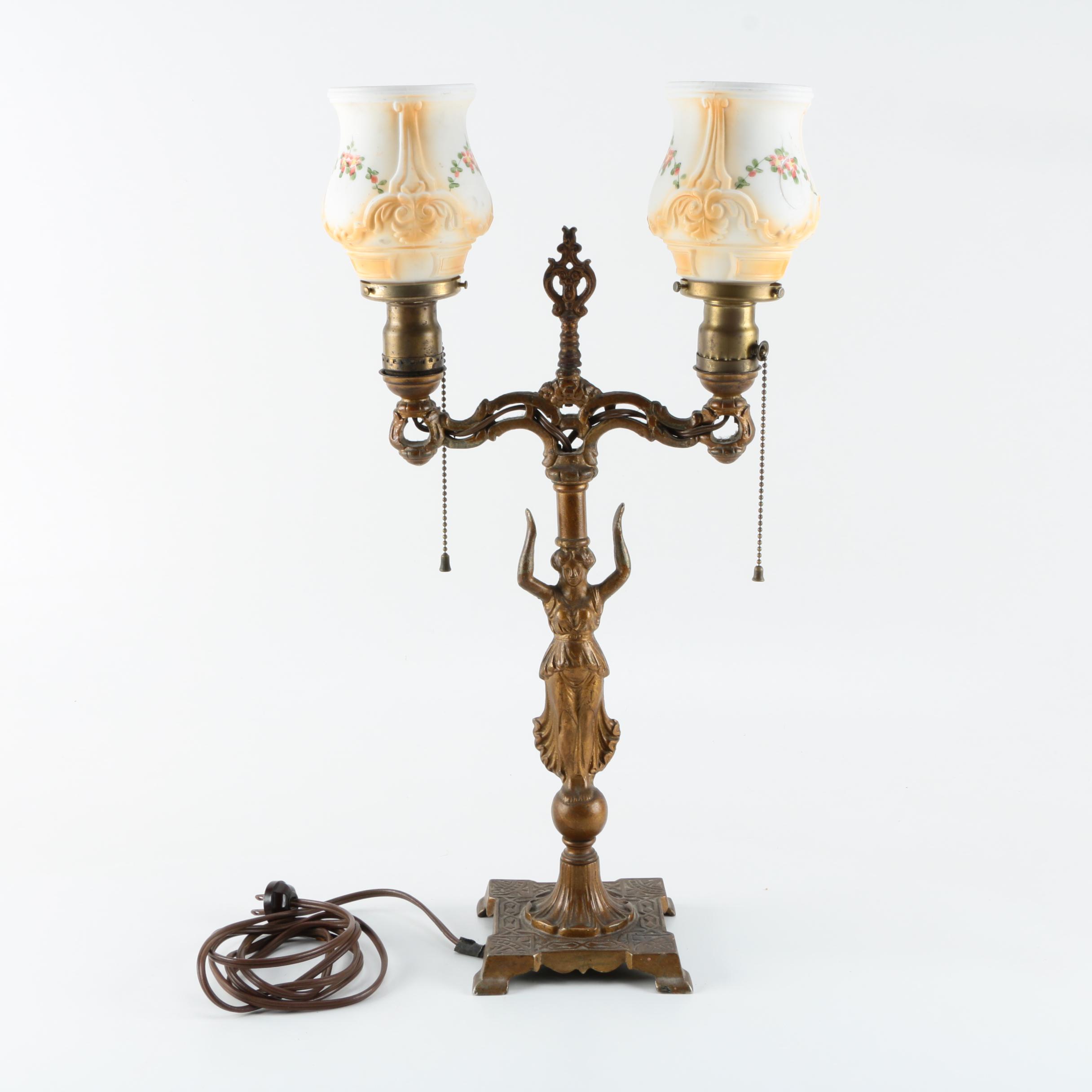Vintage Candelabra Table Lamp with Hurricane Shades