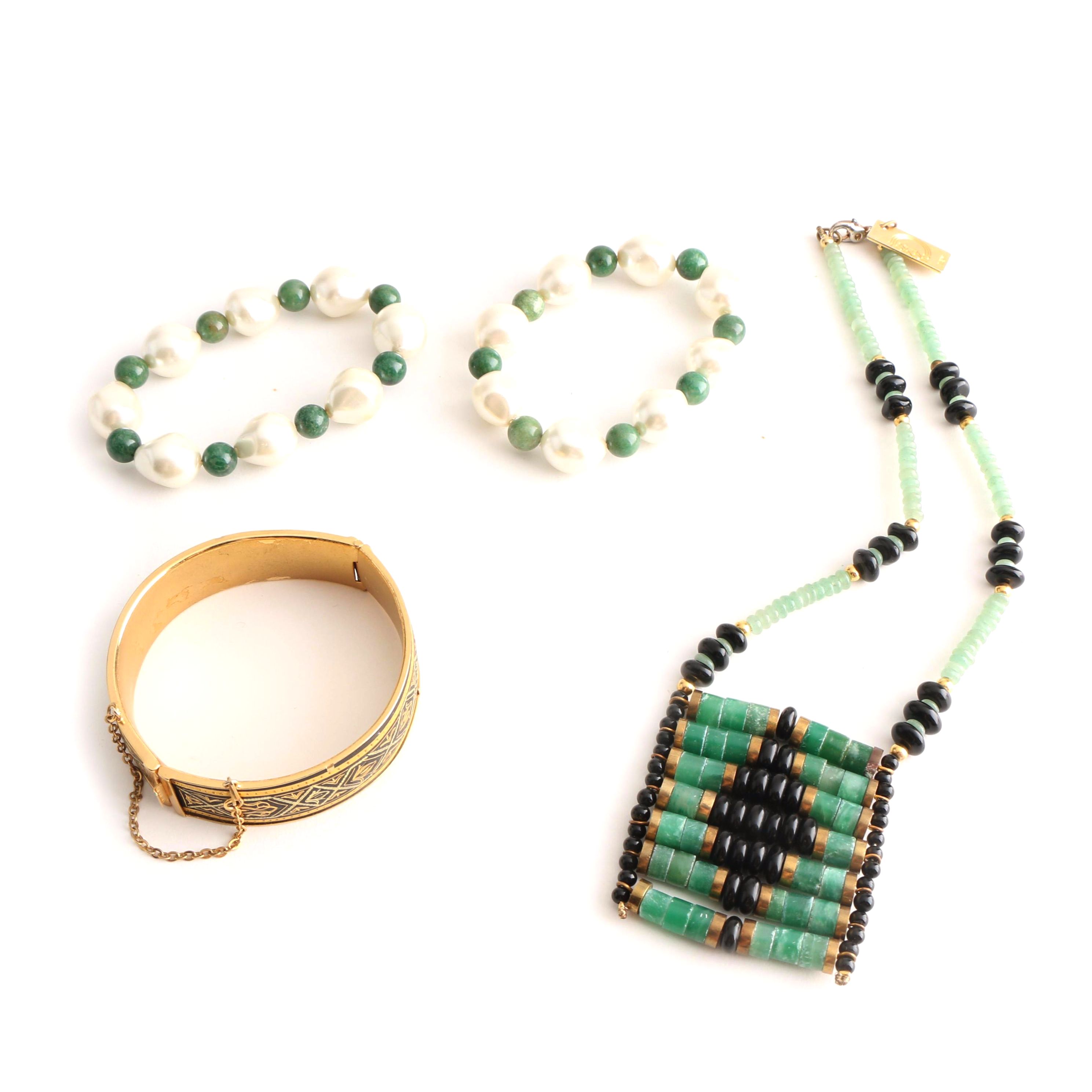 Green and Gold Tone Necklace and Bracelets