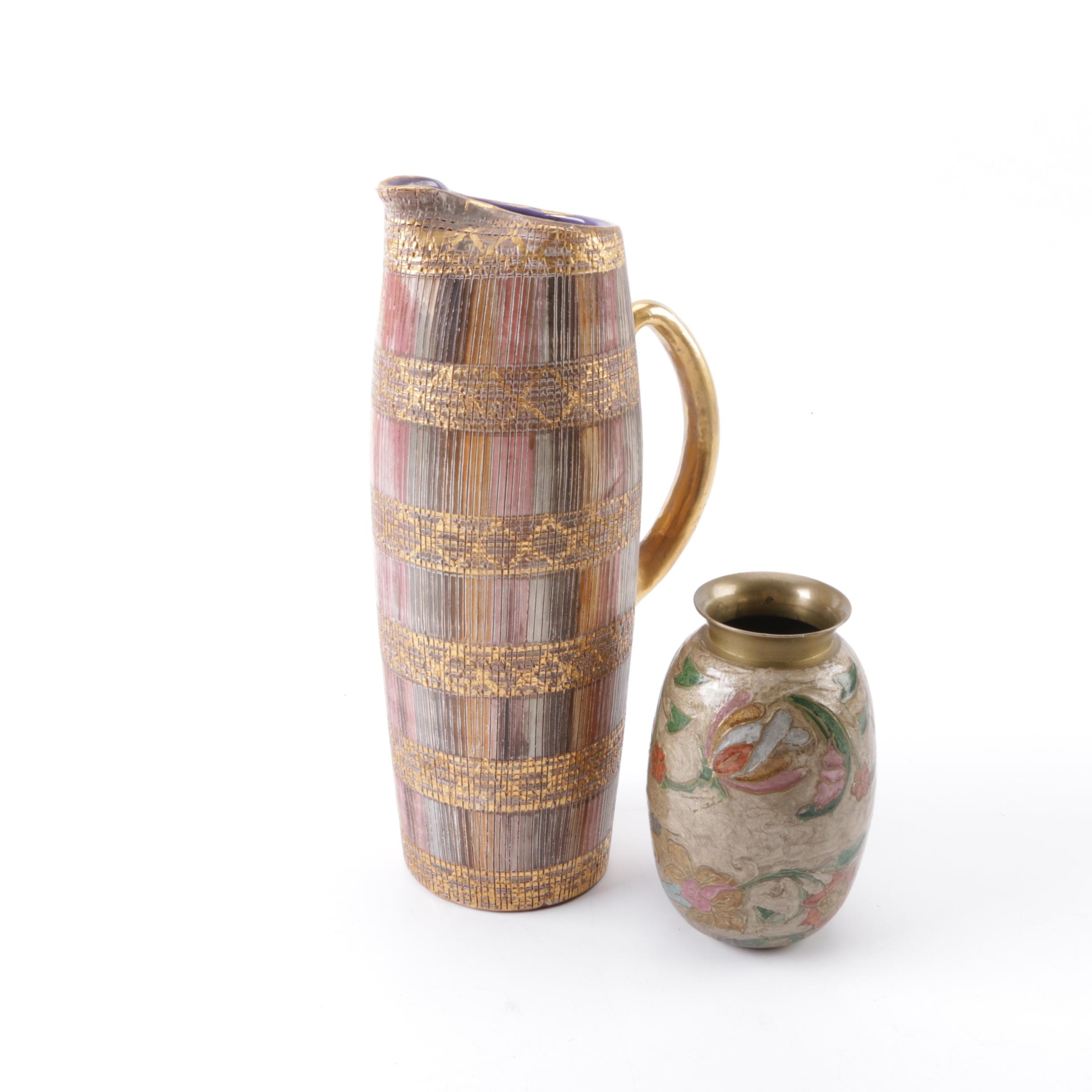 Italian Ceramic Pitcher and Brass Enameled Vase