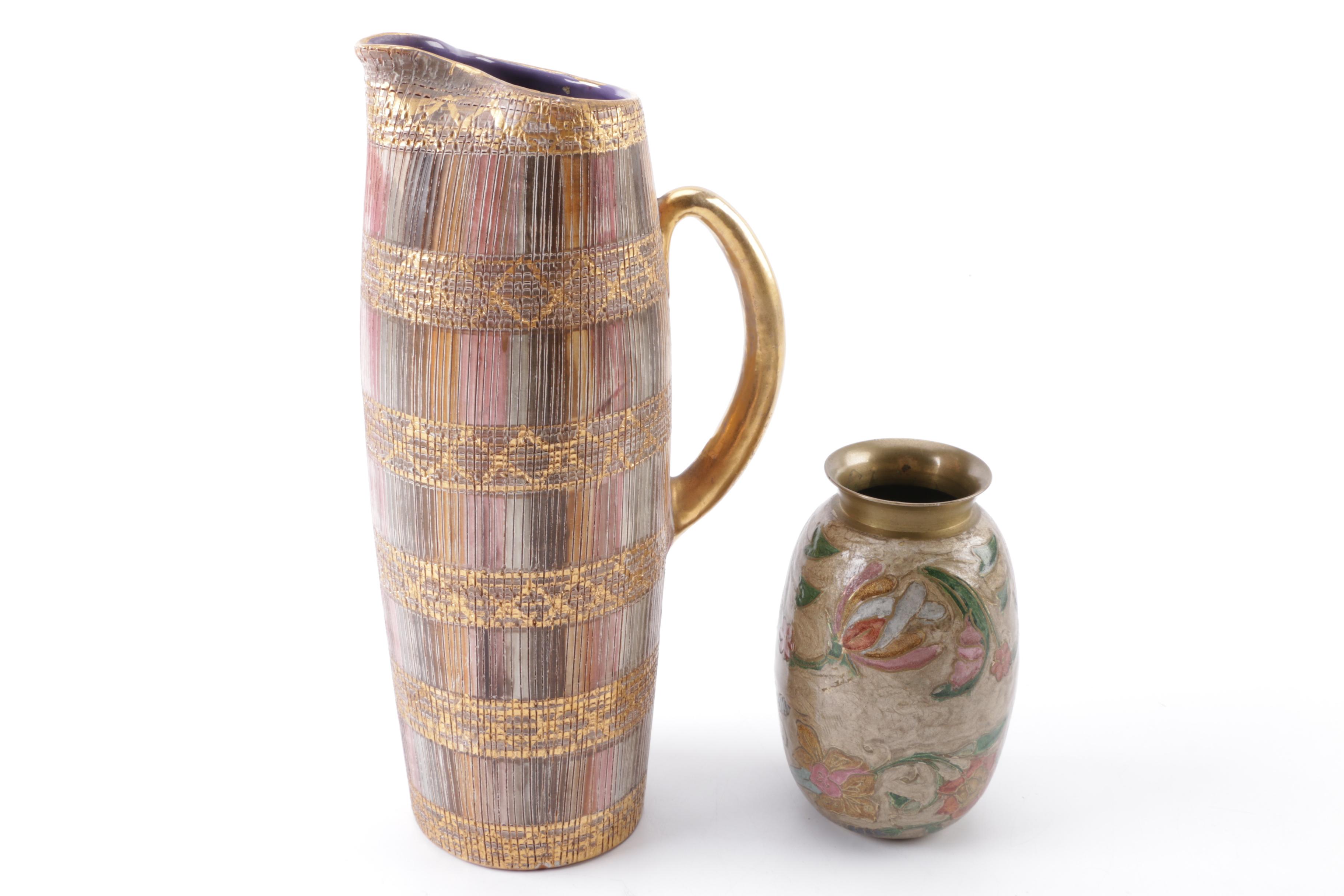 Italian Ceramic Pitcher and Brass Enameled Vase