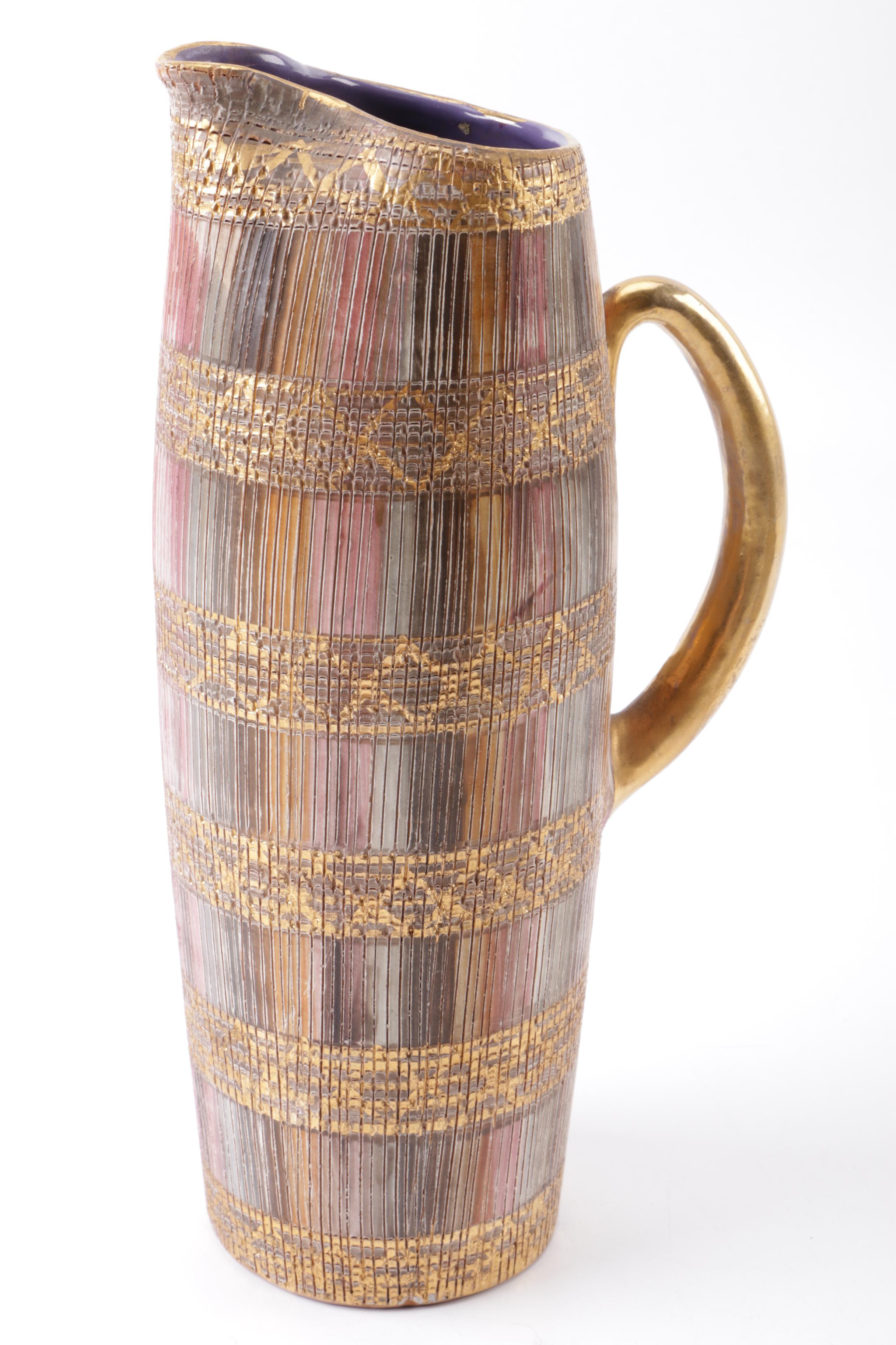 Italian Ceramic Pitcher and Brass Enameled Vase