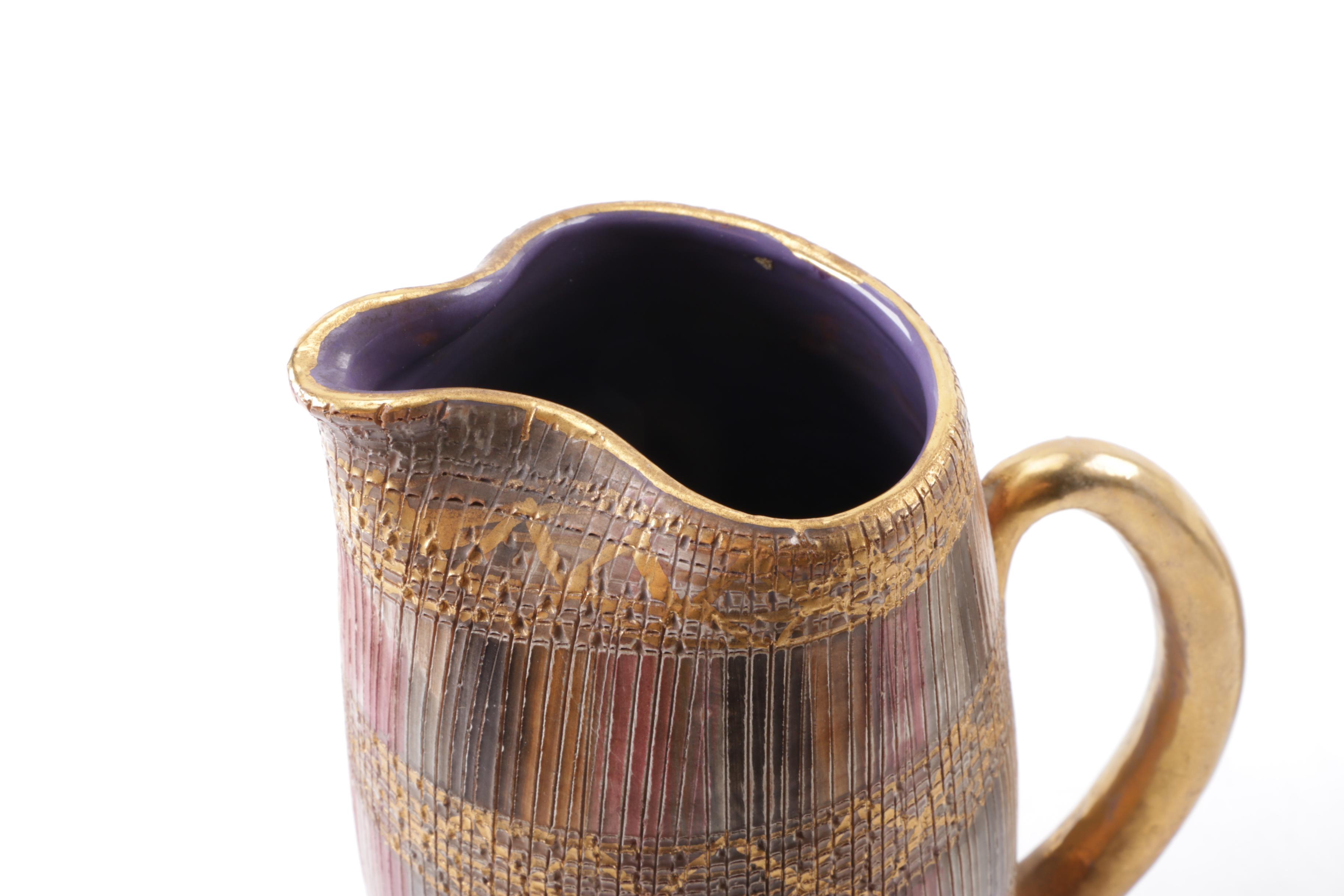Italian Ceramic Pitcher and Brass Enameled Vase