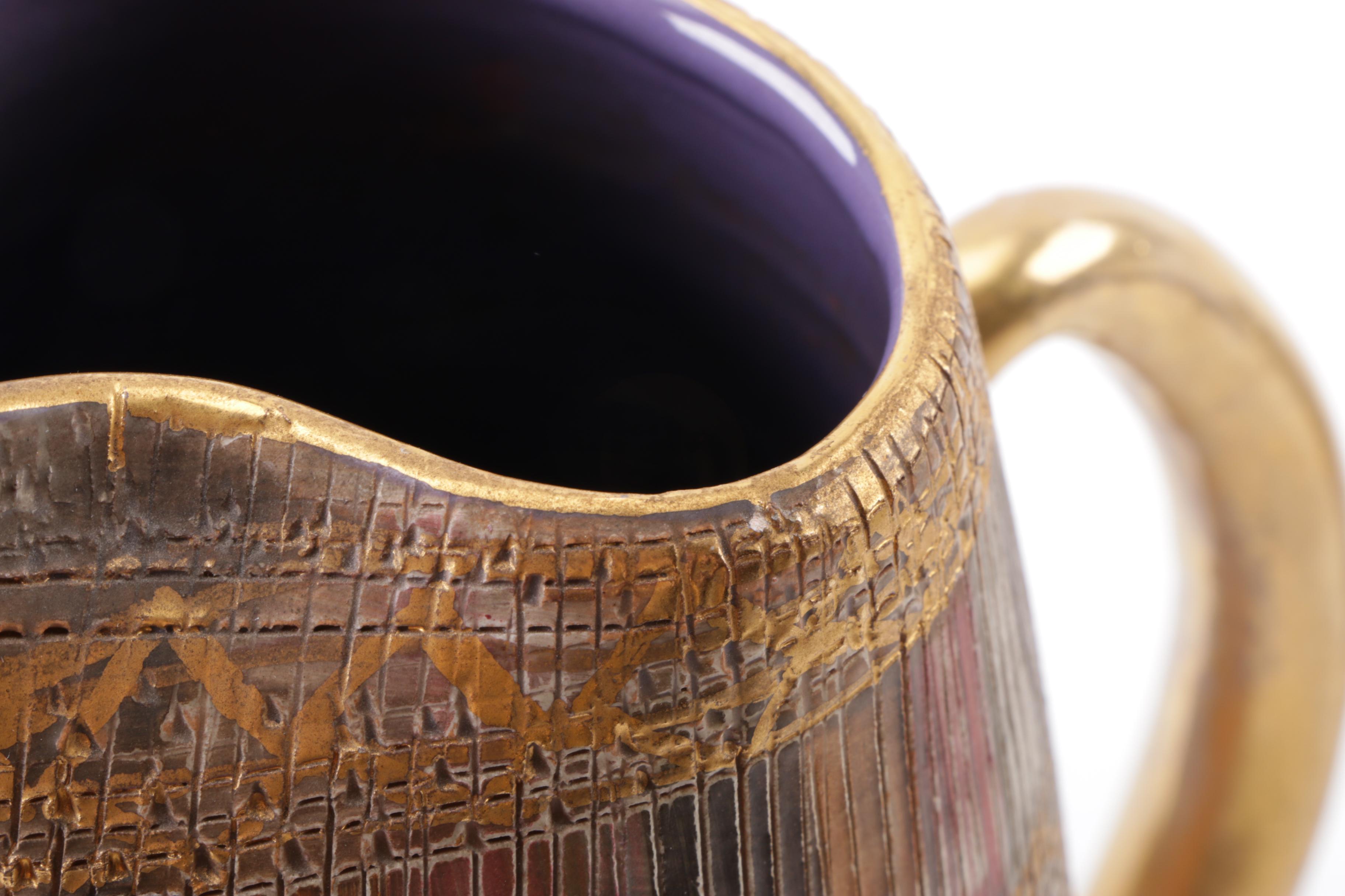 Italian Ceramic Pitcher and Brass Enameled Vase